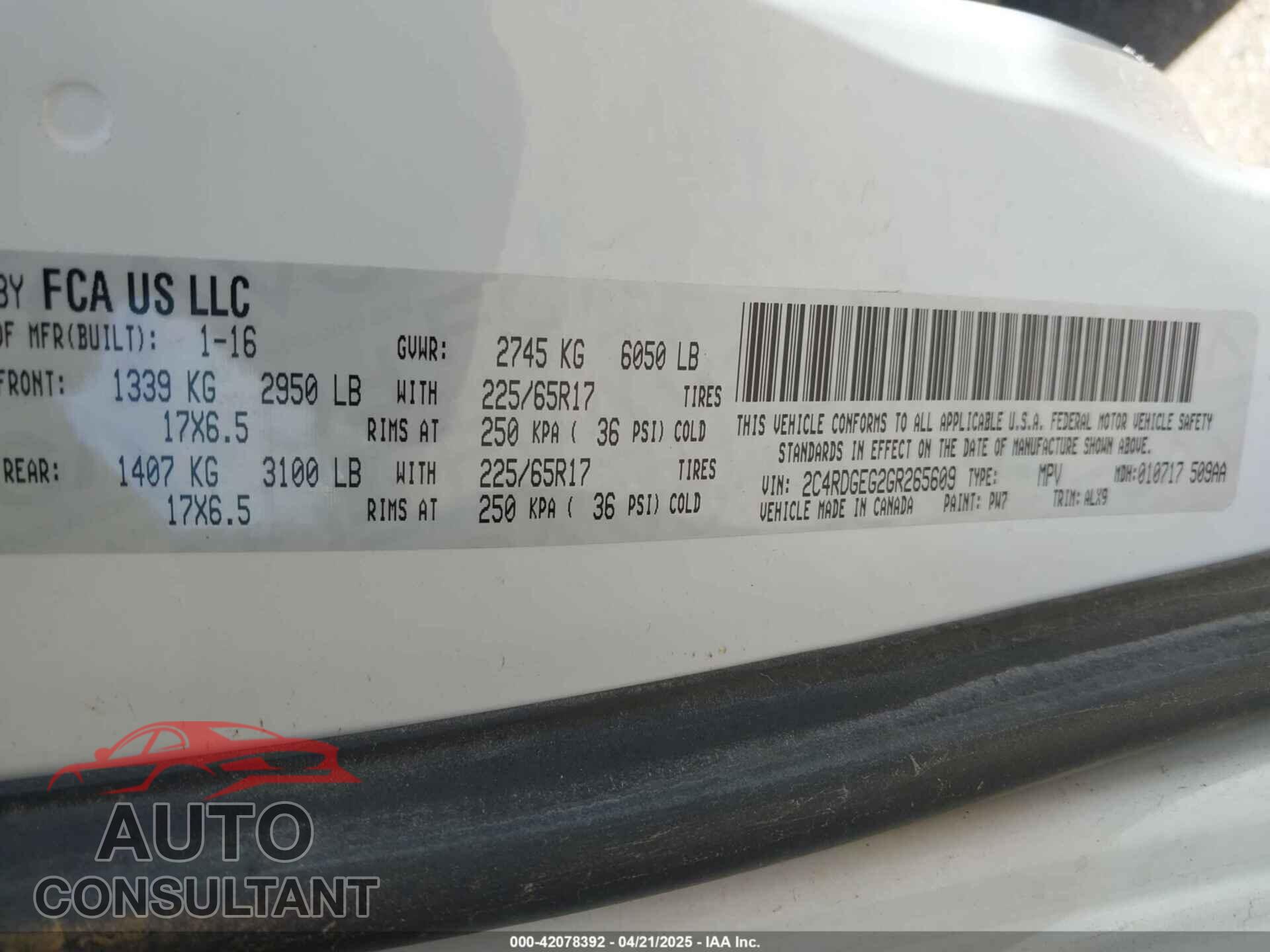 DODGE GRAND CARAVAN 2016 - 2C4RDGEG2GR265609