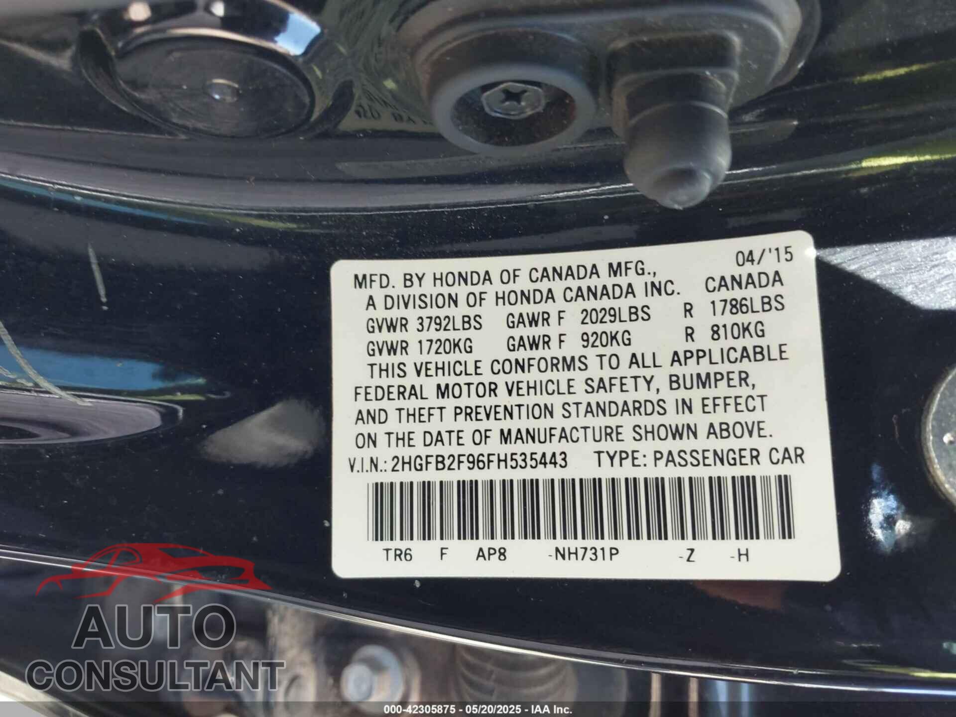 HONDA CIVIC 2015 - 2HGFB2F96FH535443