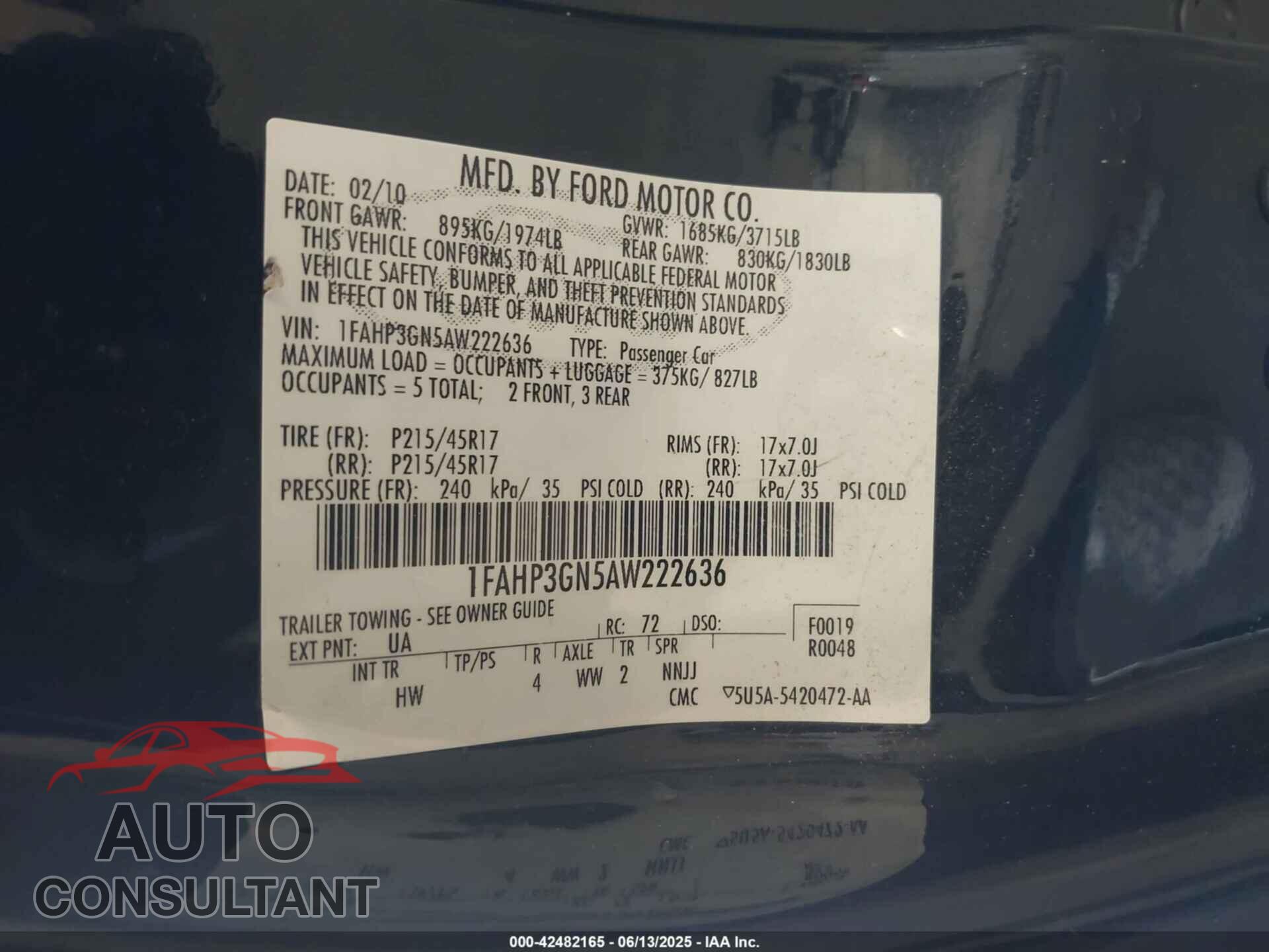 FORD FOCUS 2010 - 1FAHP3GN5AW222636