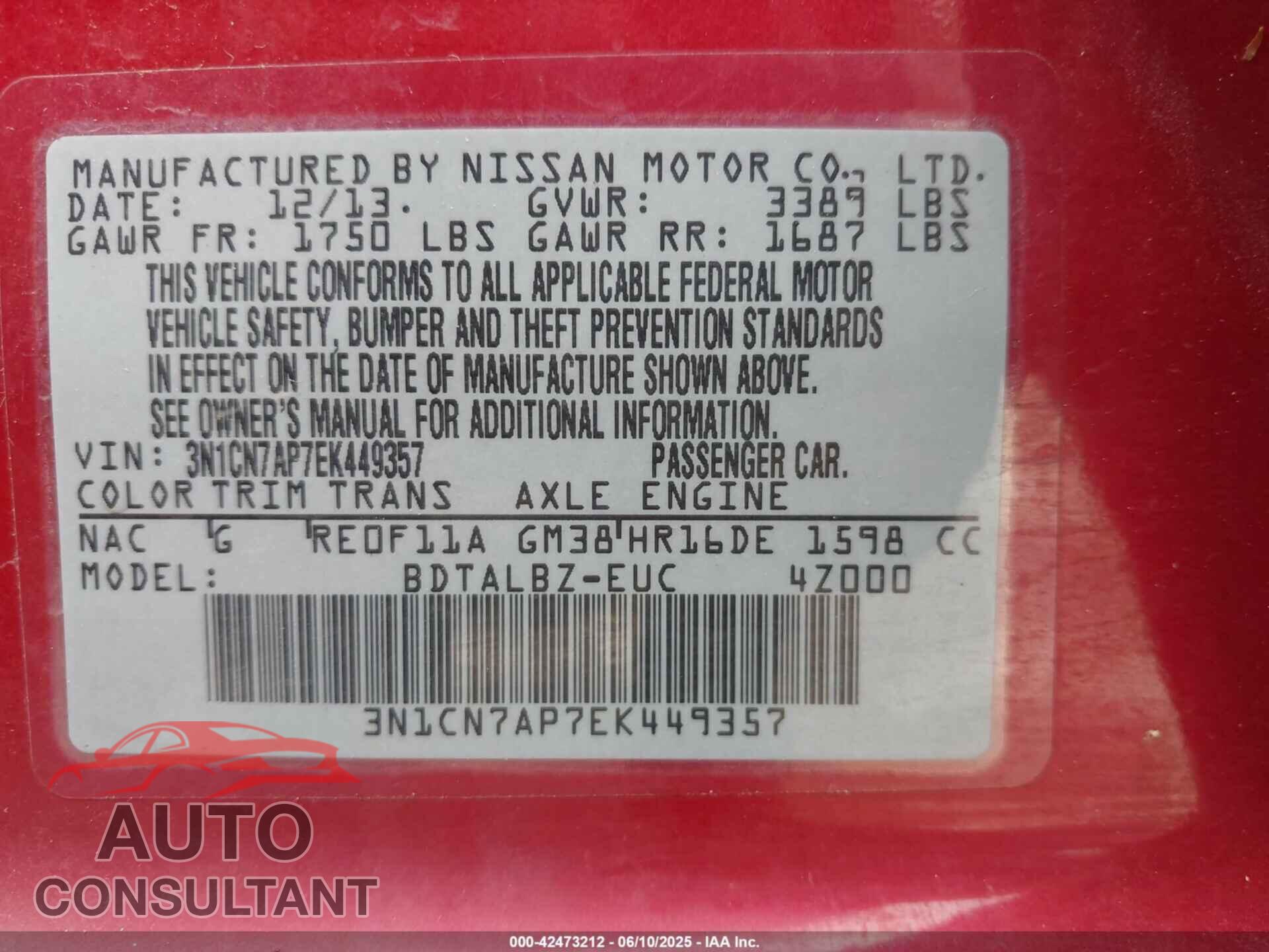NISSAN VERSA 2014 - 3N1CN7AP7EK449357
