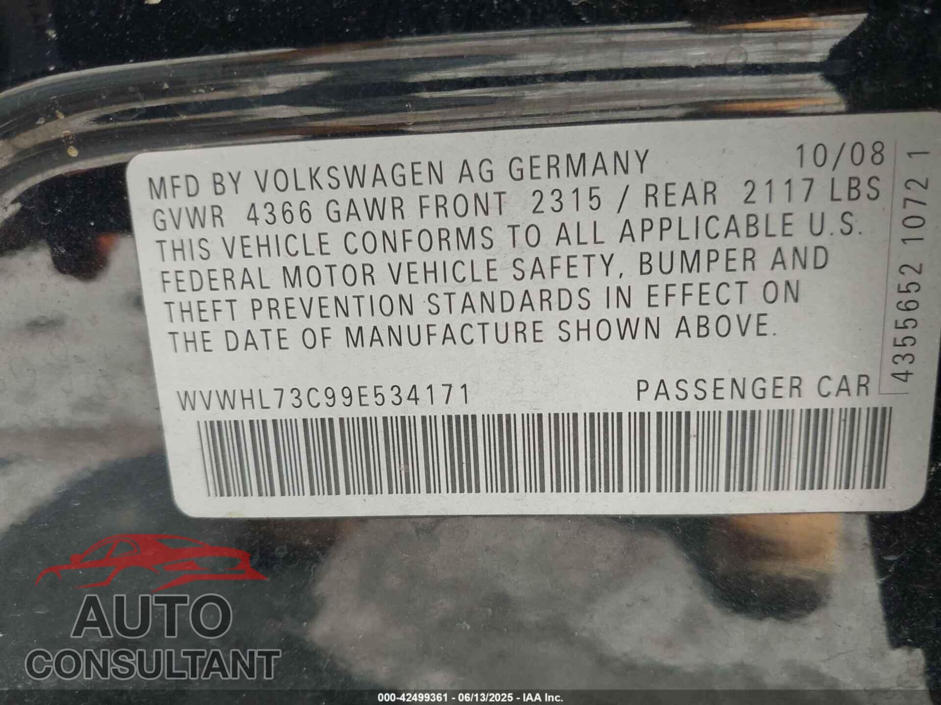 VOLKSWAGEN CC 2009 - WVWHL73C99E534171
