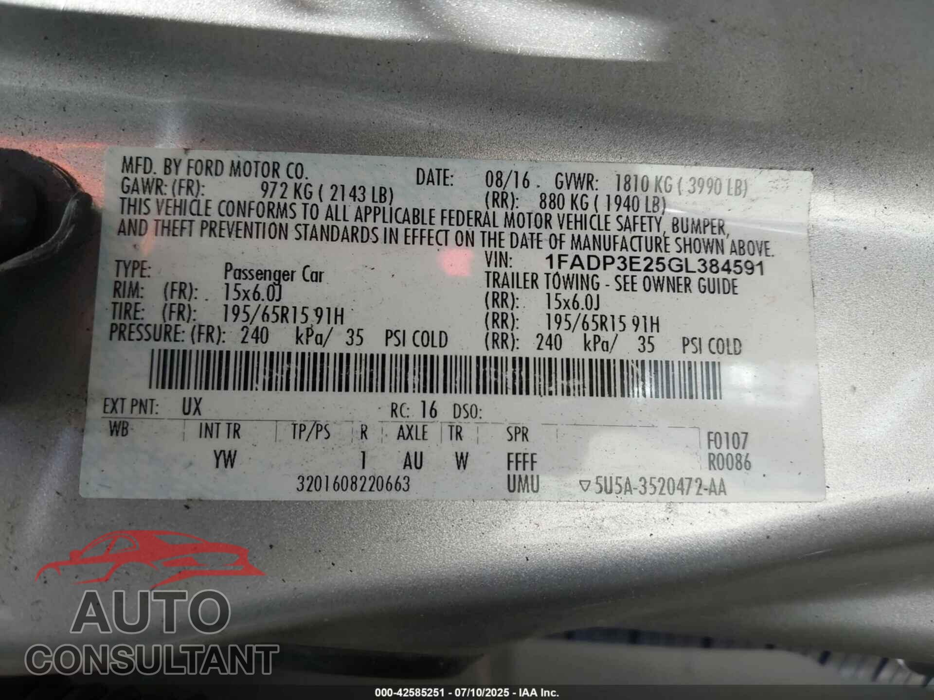FORD FOCUS 2016 - 1FADP3E25GL384591