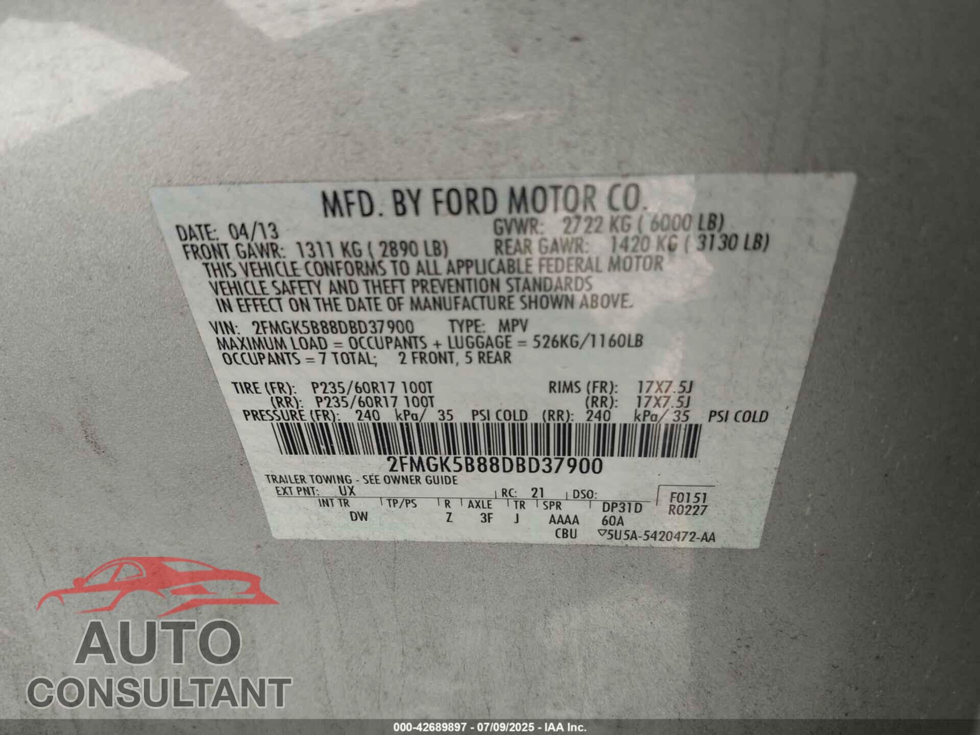 FORD FLEX 2013 - 2FMGK5B88DBD37900
