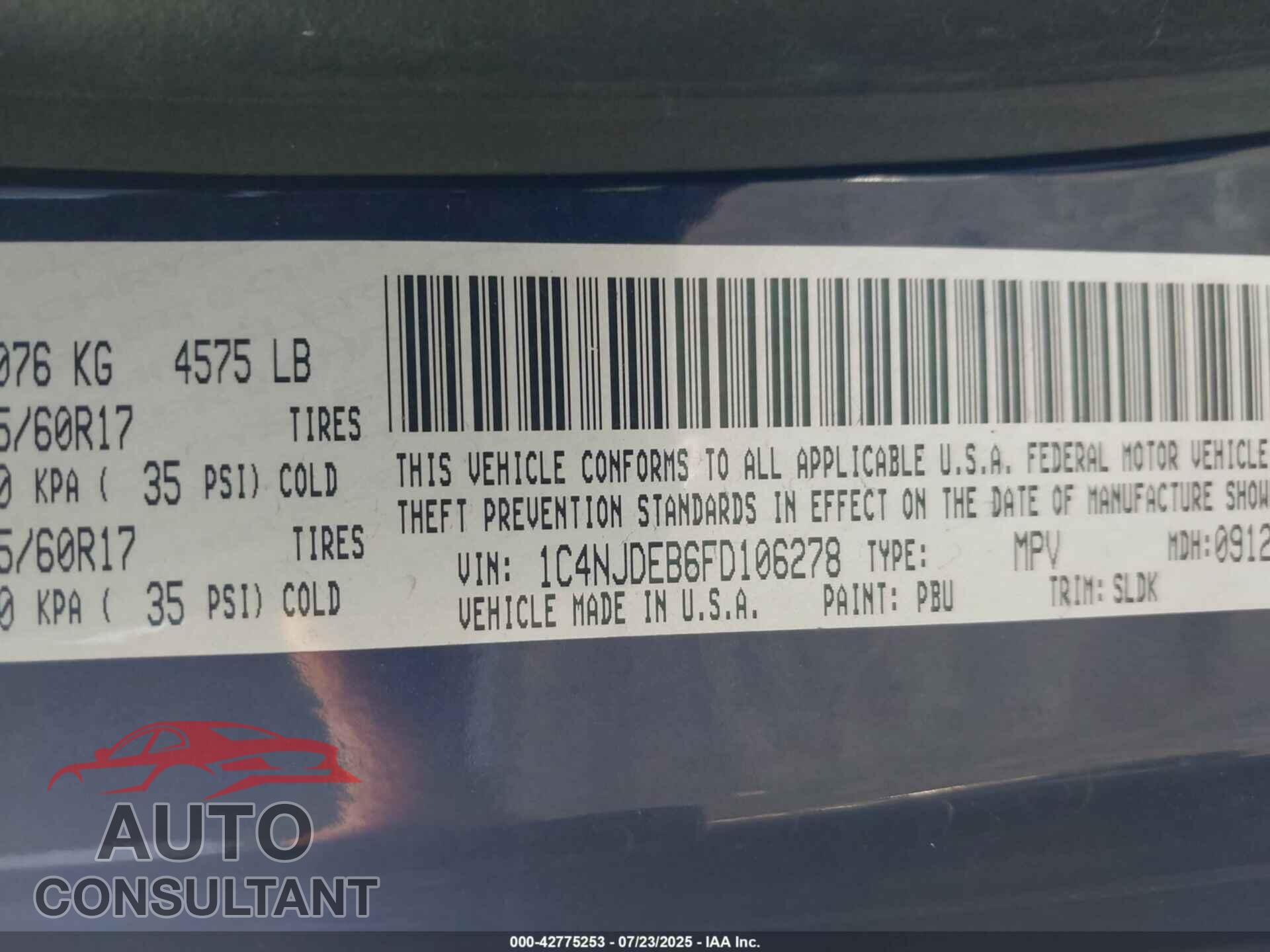 JEEP COMPASS 2015 - 1C4NJDEB6FD106278