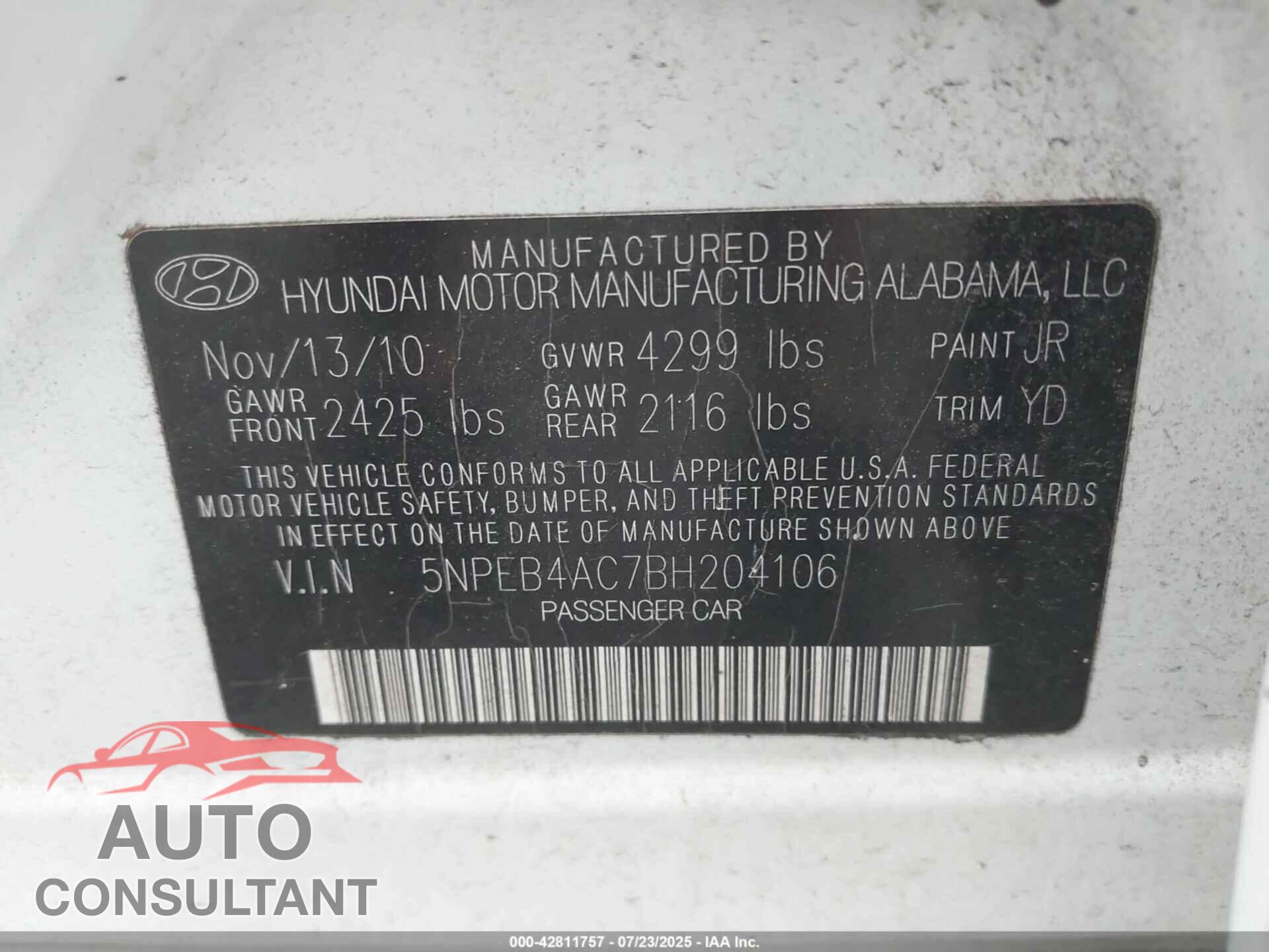 HYUNDAI SONATA 2011 - 5NPEB4AC7BH204106