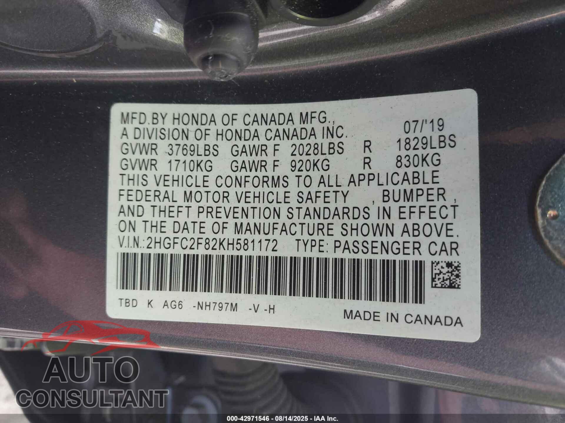 HONDA CIVIC 2019 - 2HGFC2F82KH581172
