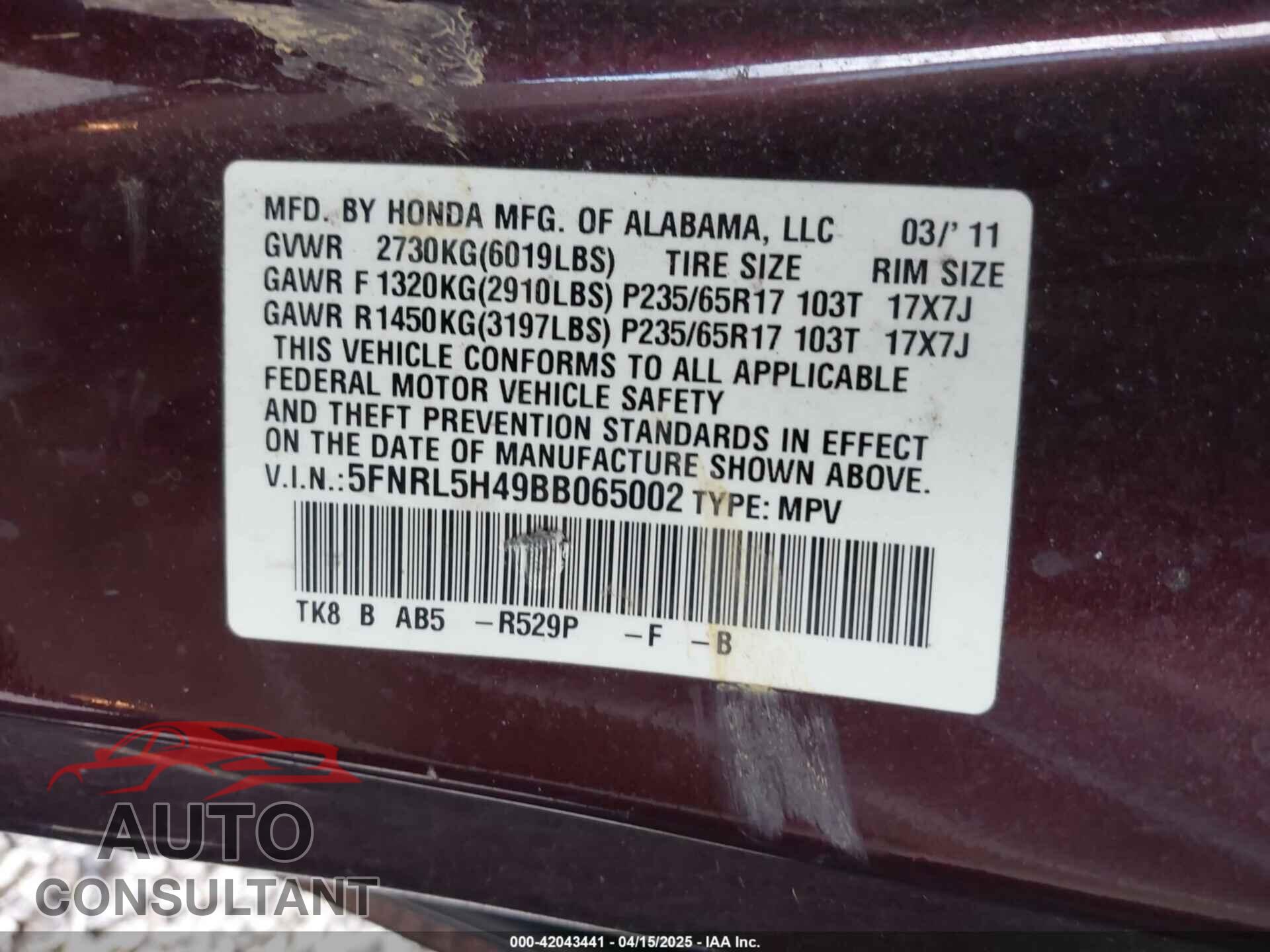 HONDA ODYSSEY 2011 - 5FNRL5H49BB065002