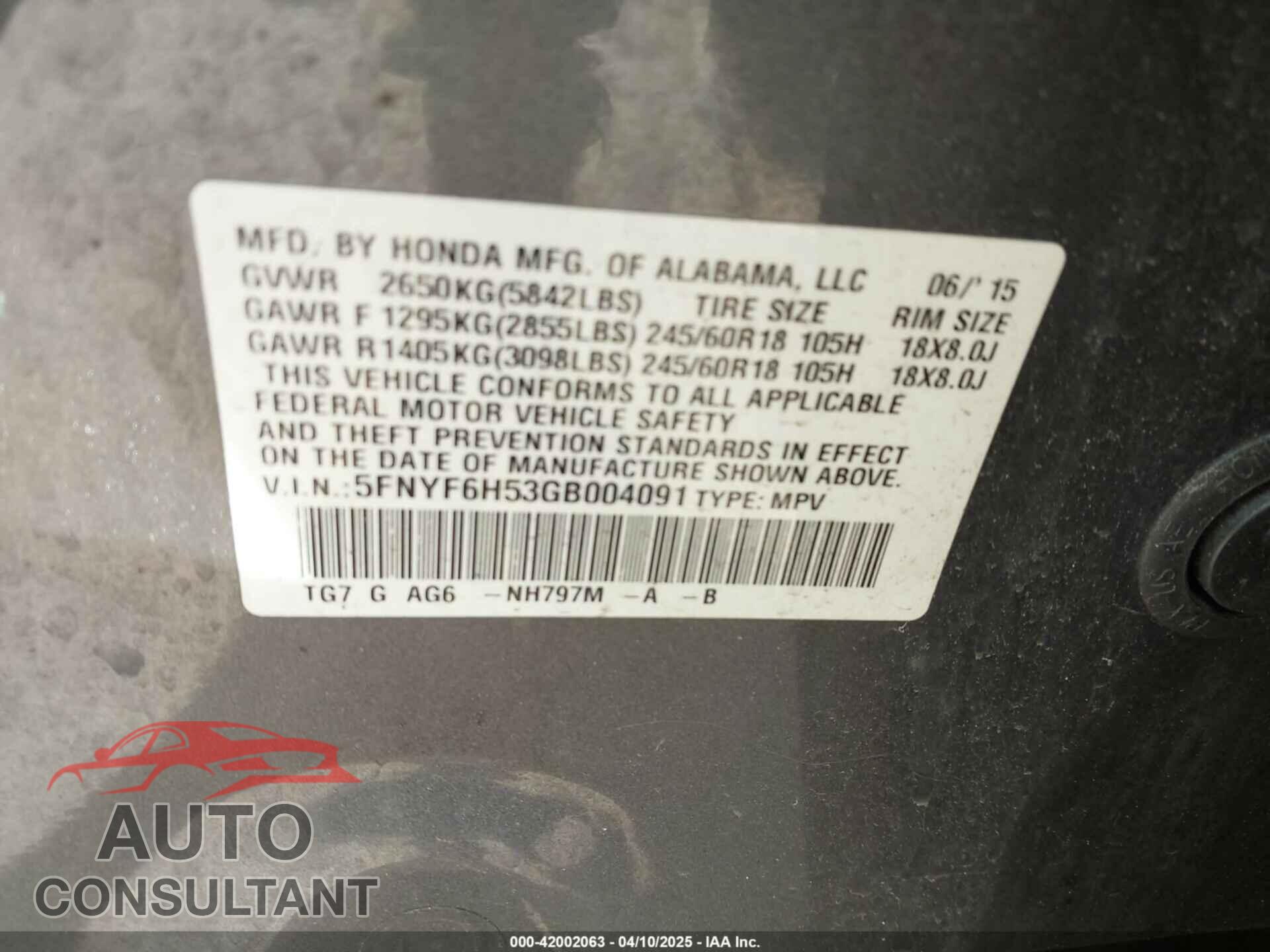 HONDA PILOT 2016 - 5FNYF6H53GB004091