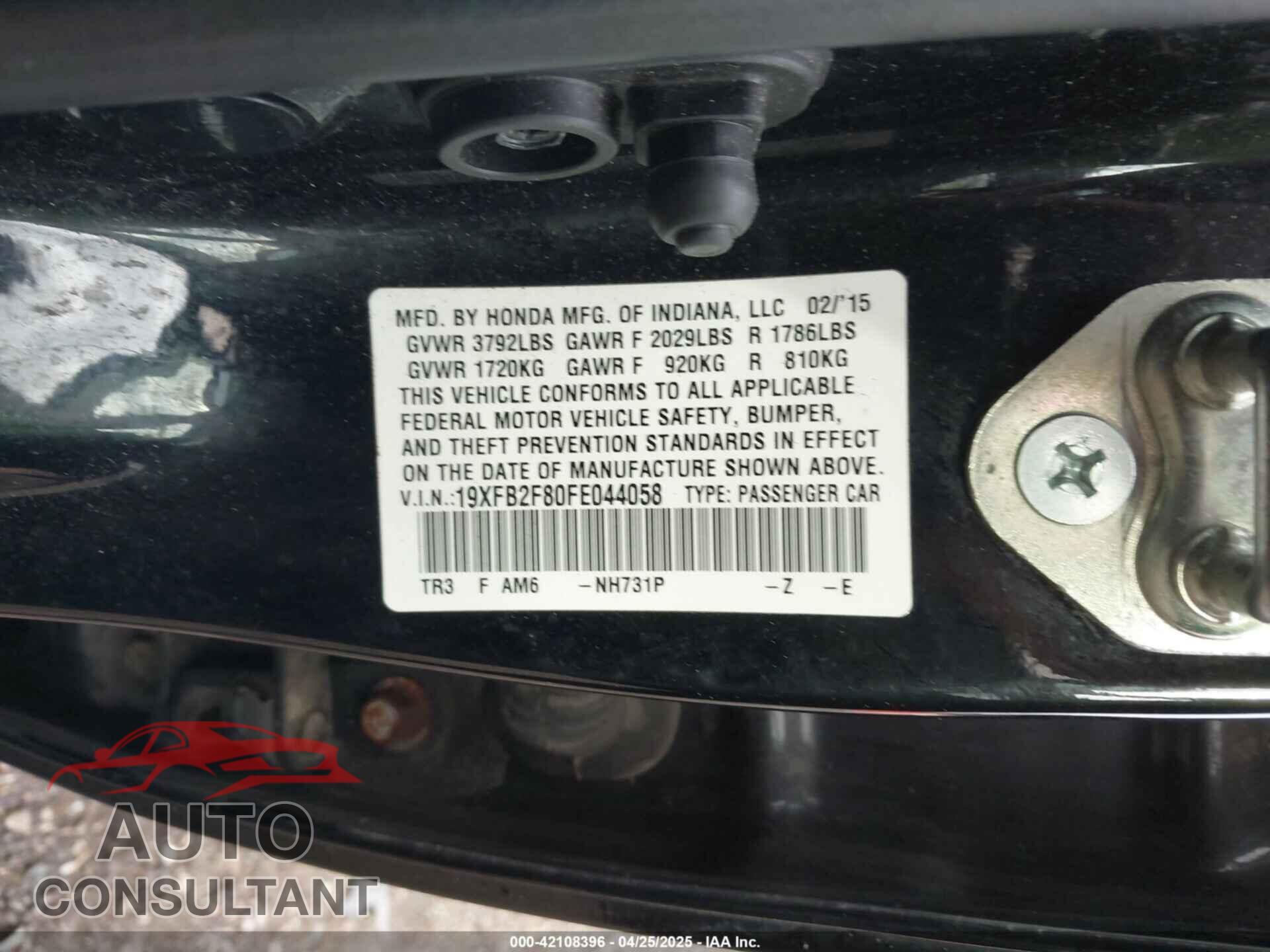 HONDA CIVIC 2015 - 19XFB2F80FE044058