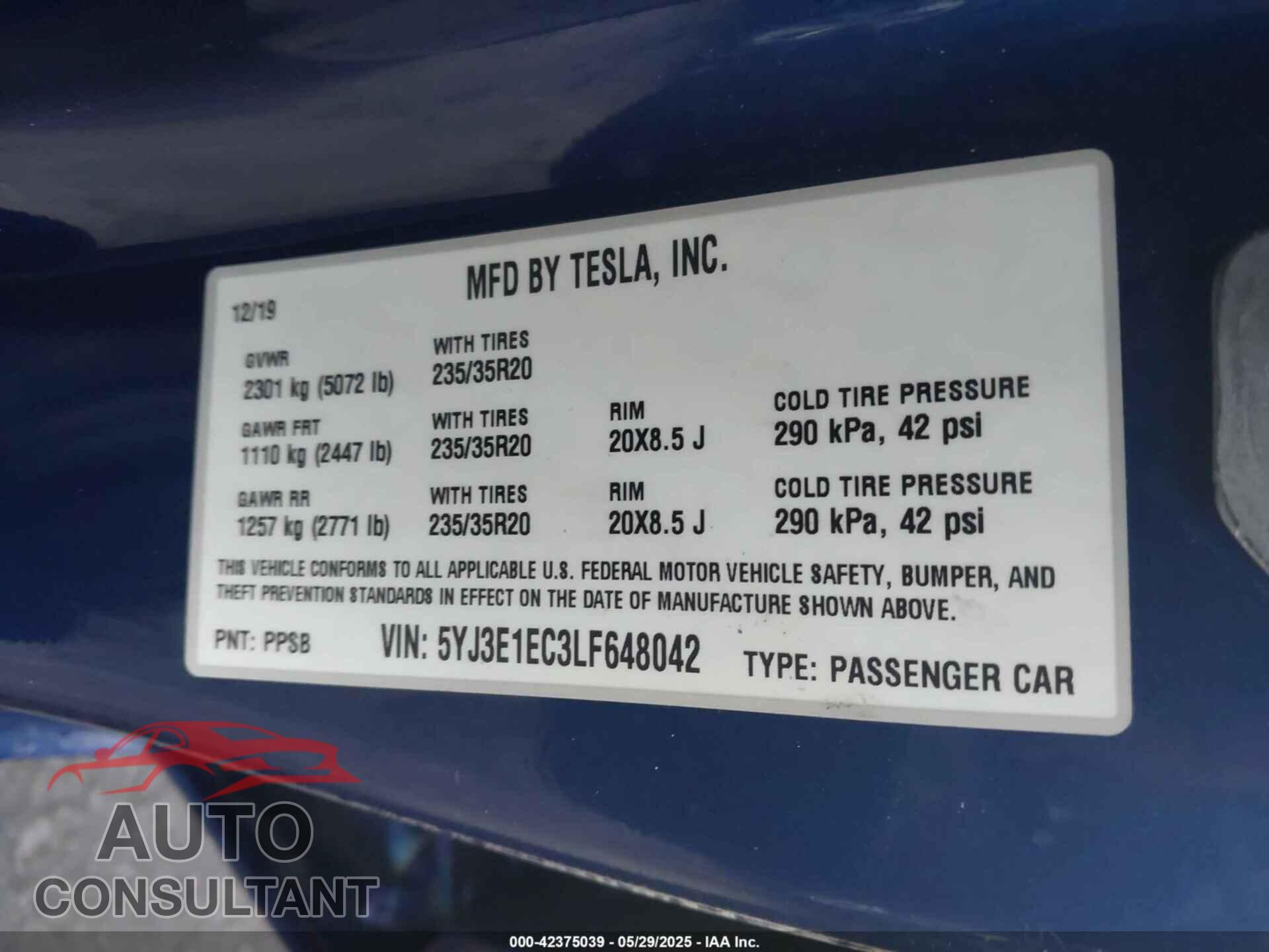 TESLA MODEL 3 2020 - 5YJ3E1EC3LF648042