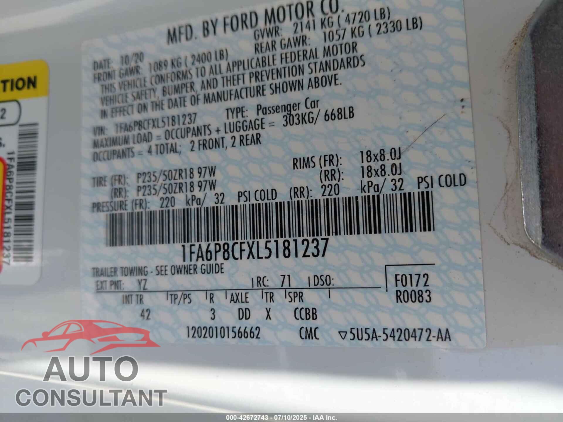 FORD MUSTANG 2020 - 1FA6P8CFXL5181237
