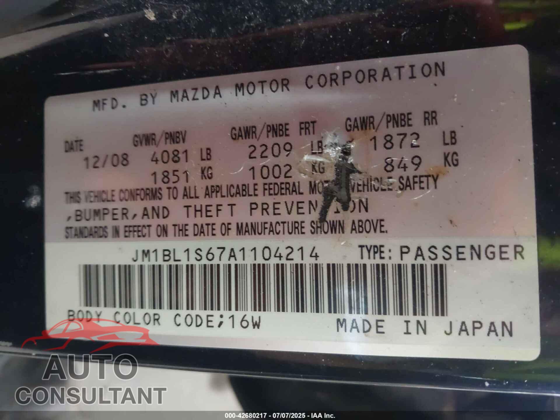 MAZDA MAZDA3 2010 - JM1BL1S67A1104214