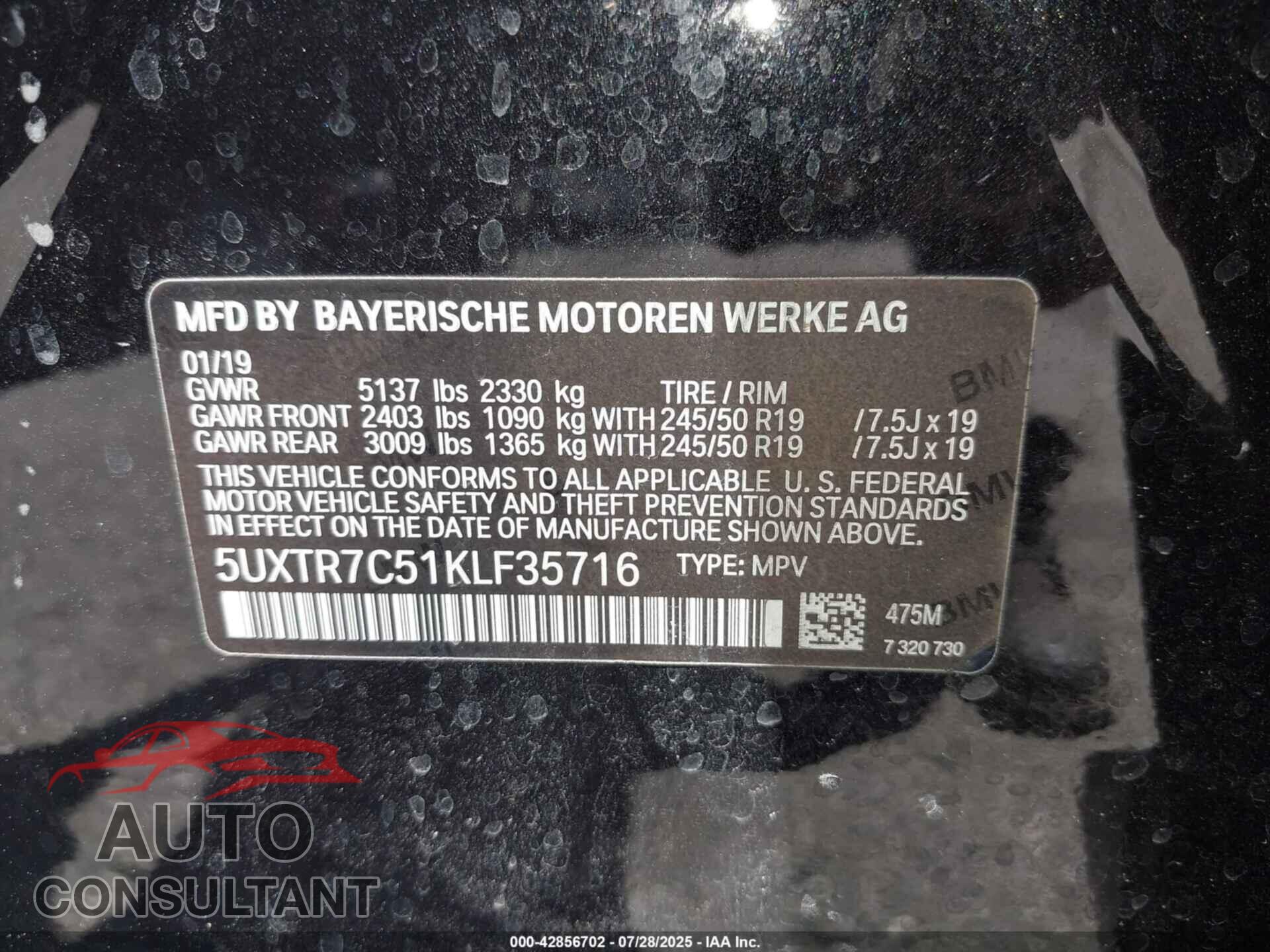 BMW X3 2019 - 5UXTR7C51KLF35716