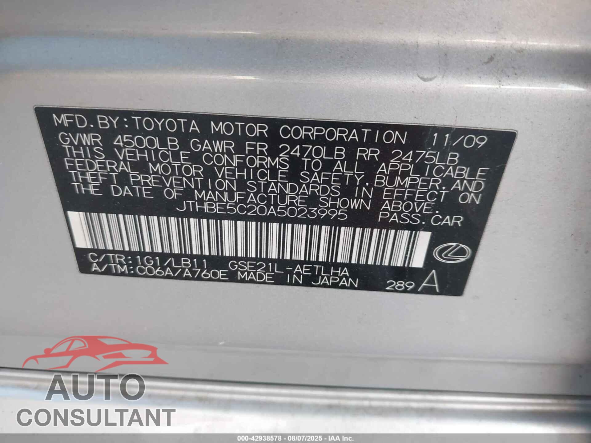 LEXUS IS 350 2010 - JTHBE5C20A5023995