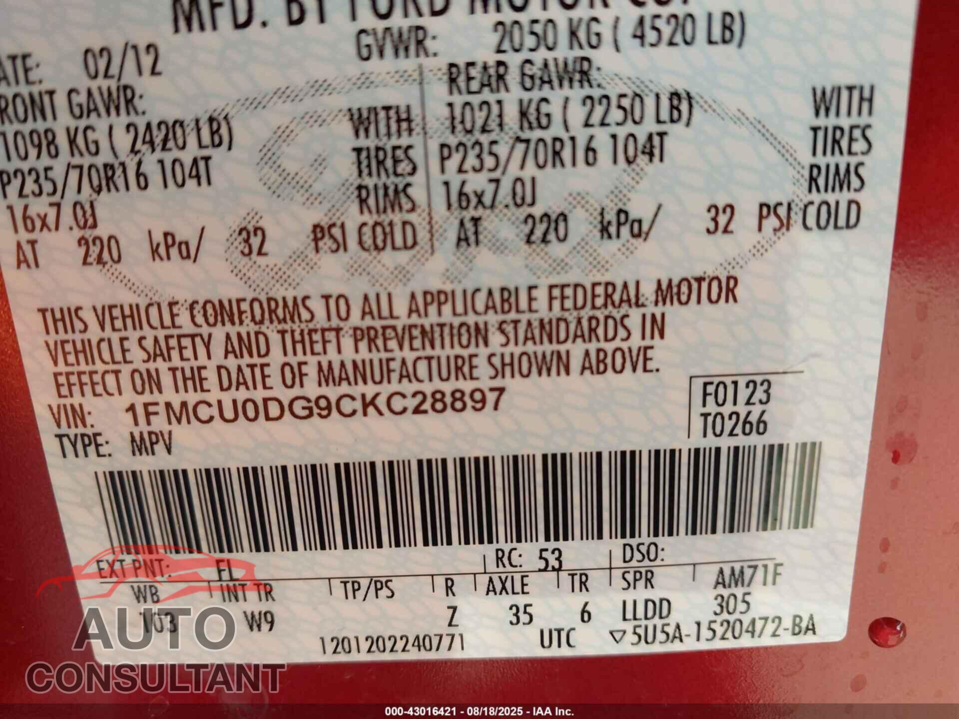 FORD ESCAPE 2012 - 1FMCU0DG9CKC28897