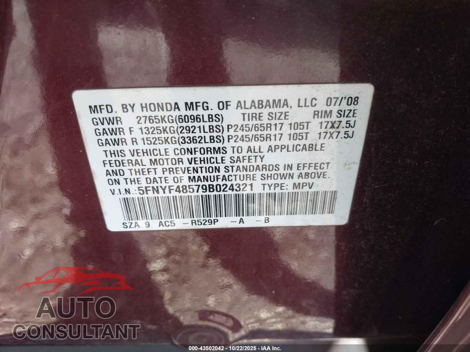 HONDA PILOT 2009 - 5FNYF48579B024321