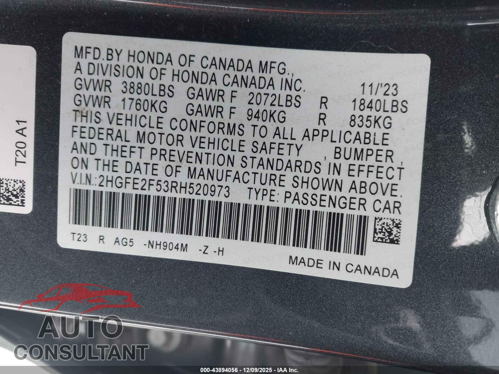 HONDA CIVIC 2024 - 2HGFE2F53RH520973