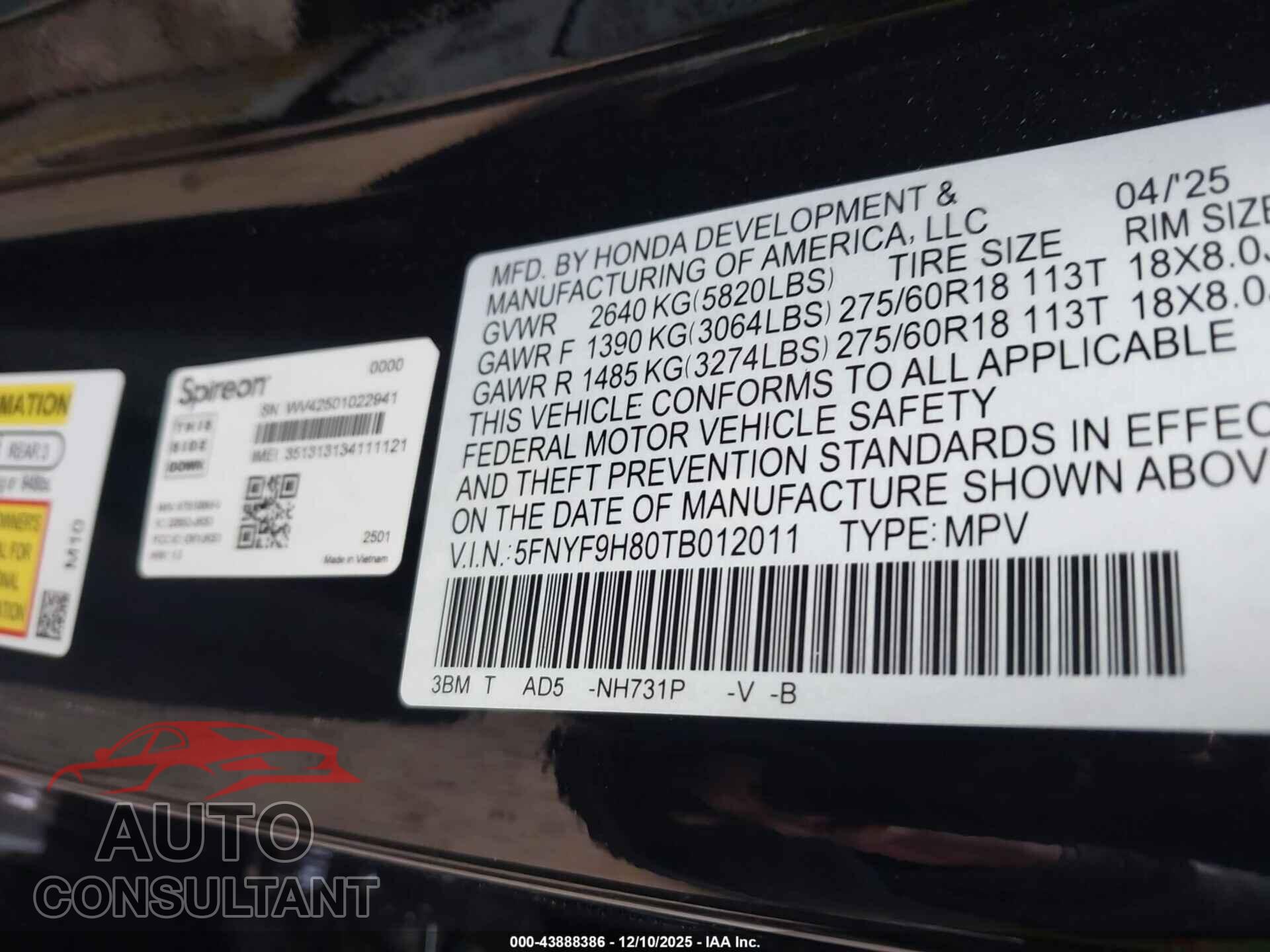 HONDA PASSPORT 2026 - 5FNYF9H80TB012011