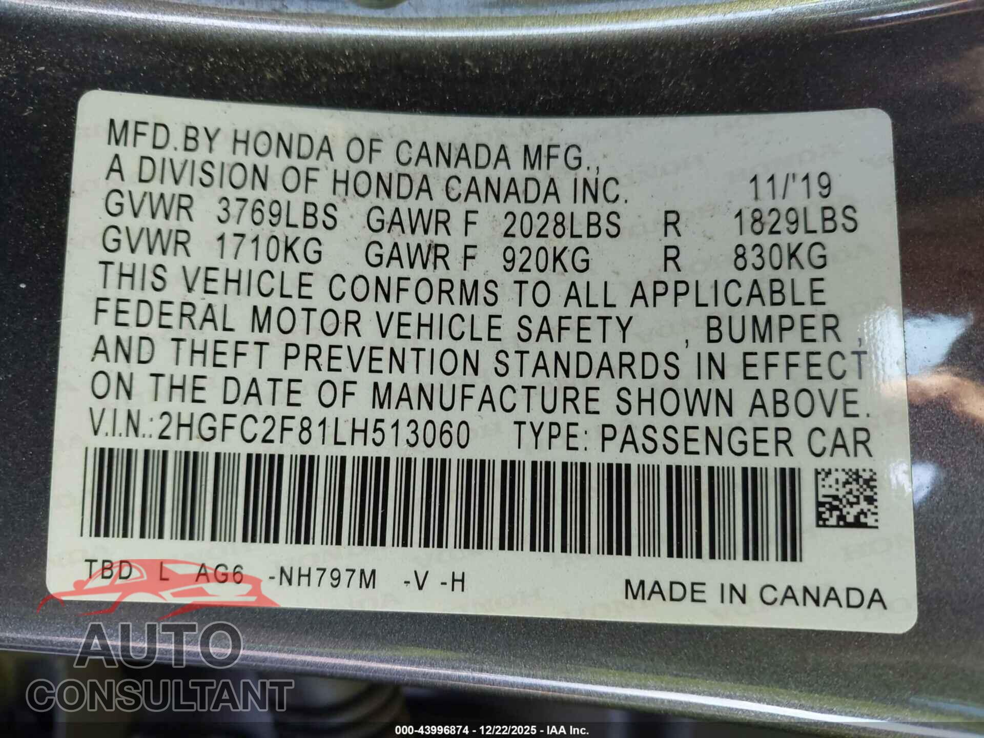 HONDA CIVIC 2020 - 2HGFC2F81LH513060