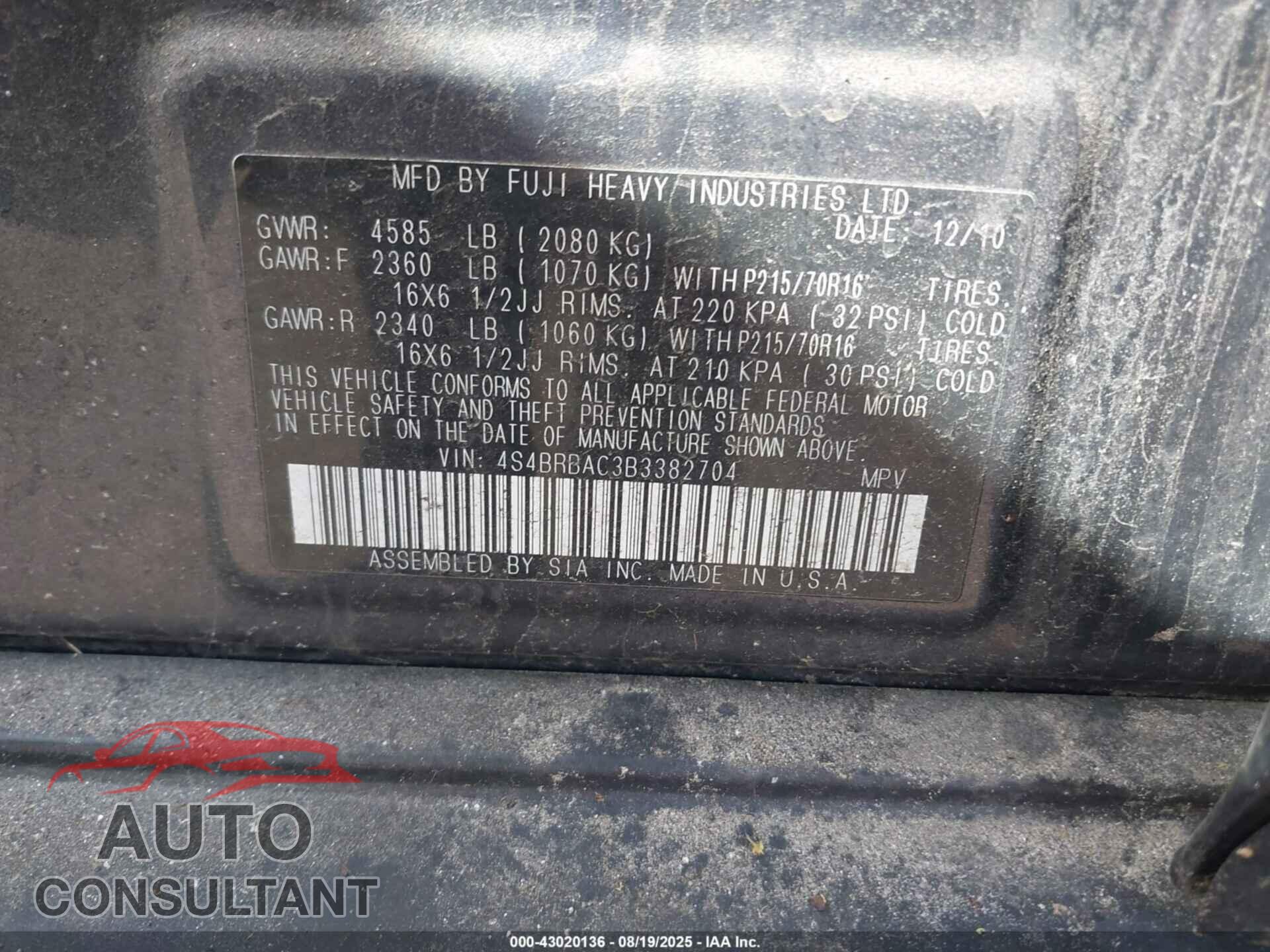 SUBARU OUTBACK 2011 - 4S4BRBAC3B3382704