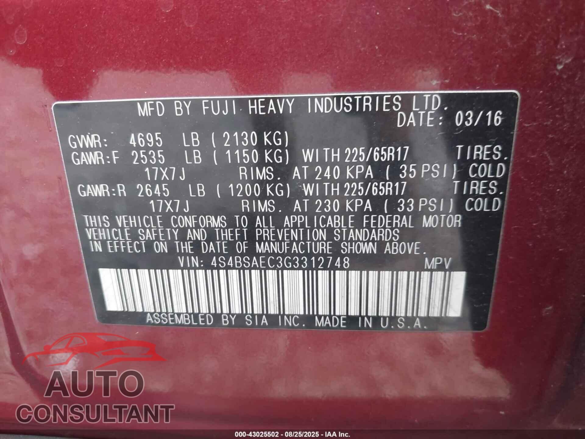 SUBARU OUTBACK 2016 - 4S4BSAEC3G3312748