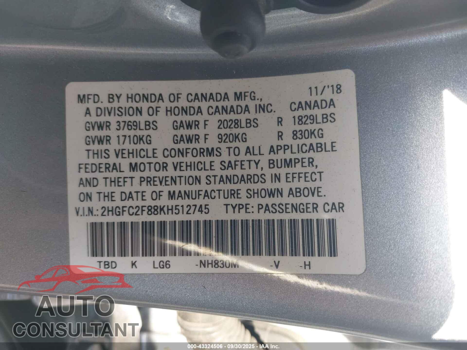 HONDA CIVIC 2019 - 2HGFC2F88KH512745