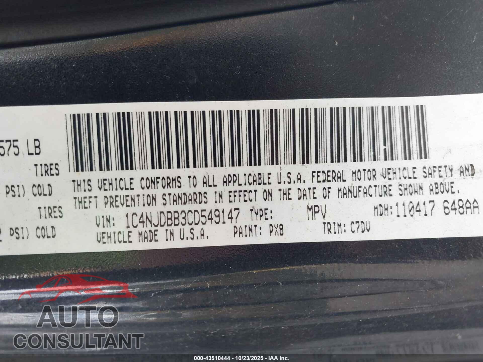 JEEP COMPASS 2012 - 1C4NJDBB3CD549147