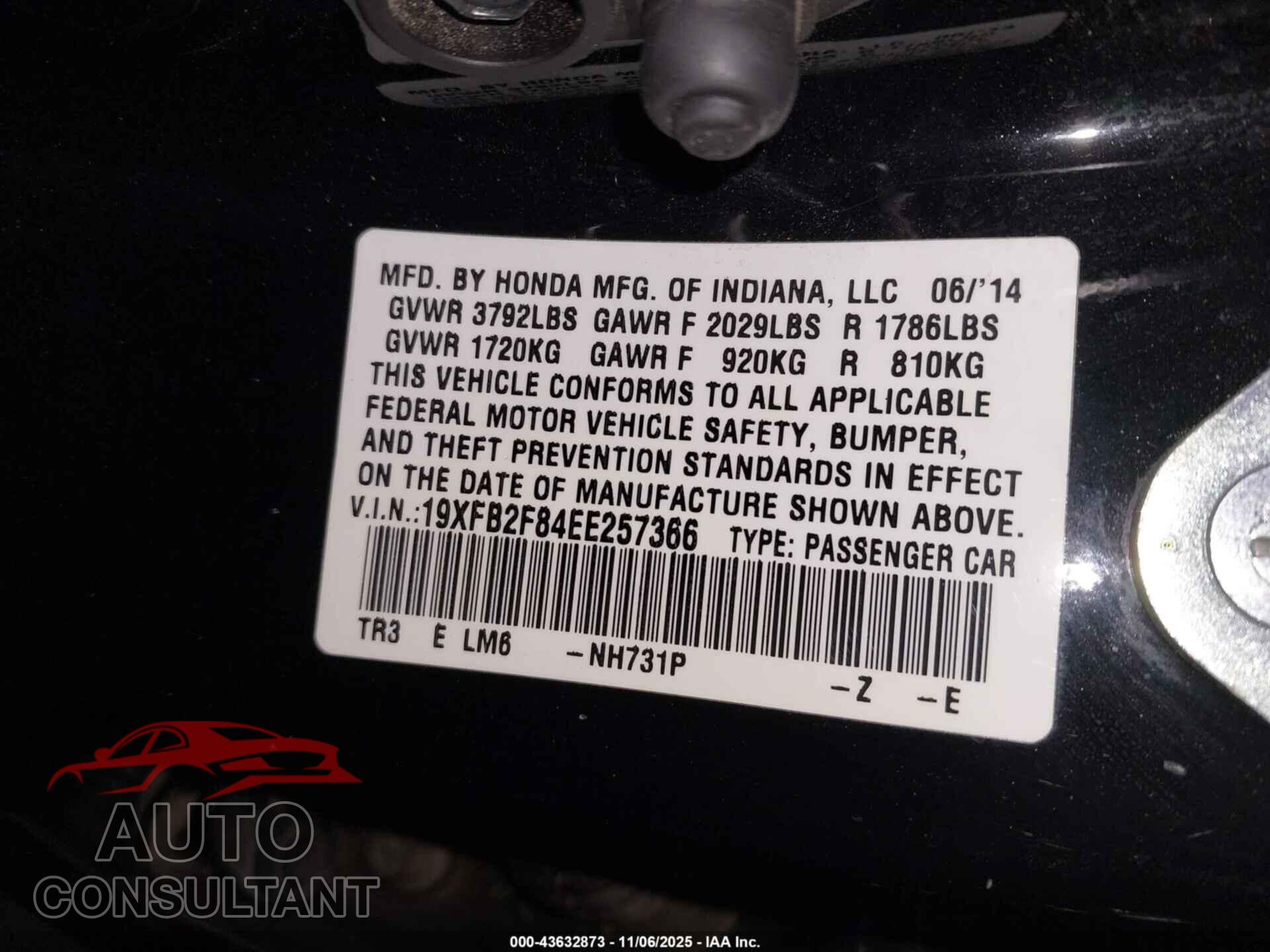 HONDA CIVIC 2014 - 19XFB2F84EE257366