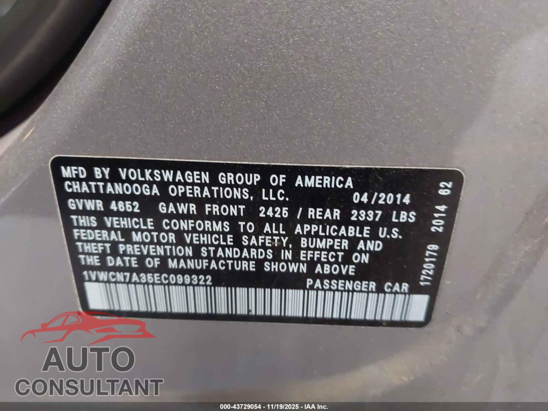 VOLKSWAGEN PASSAT 2014 - 1VWCN7A35EC099322