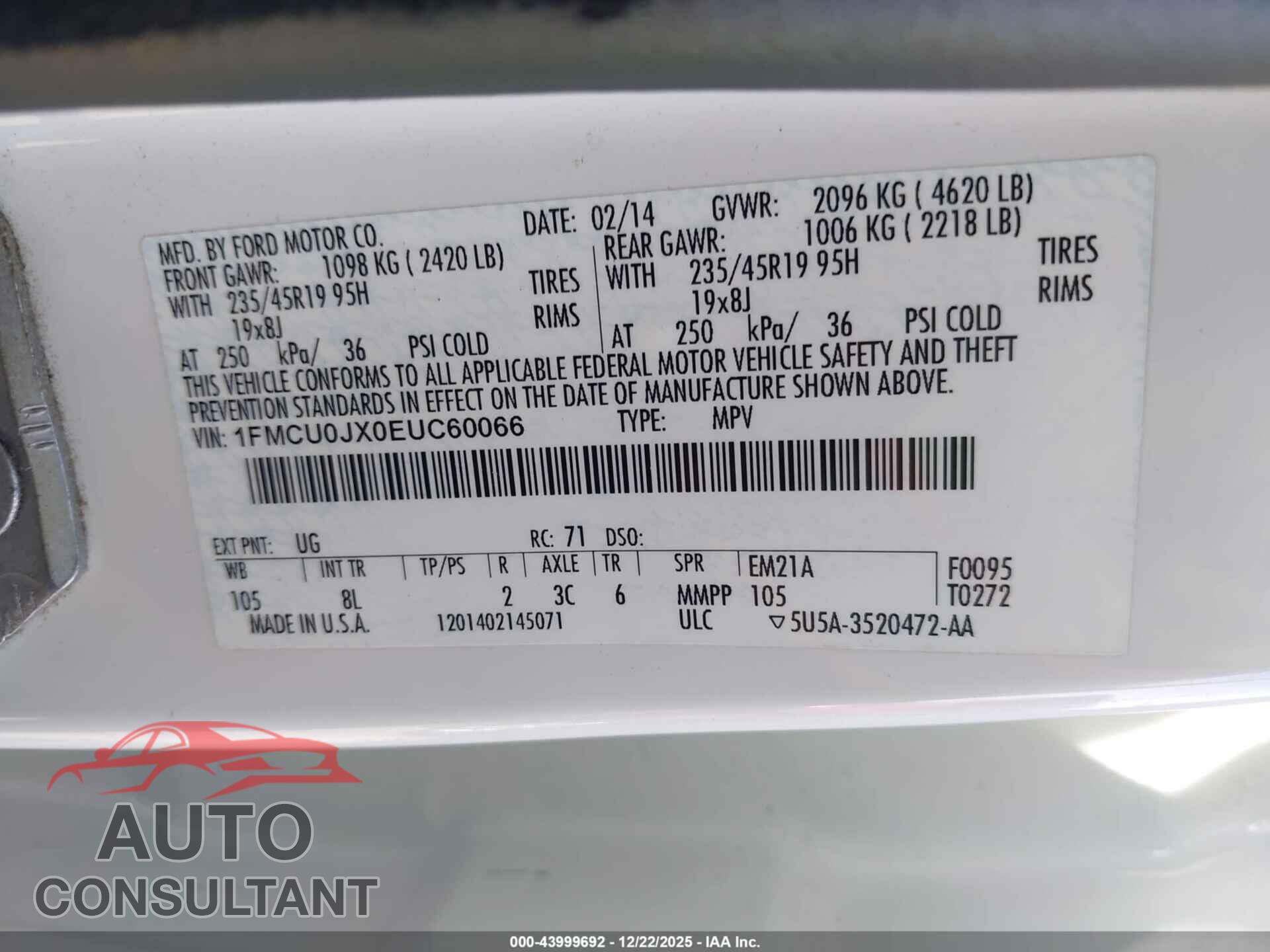 FORD ESCAPE 2014 - 1FMCU0JX0EUC60066