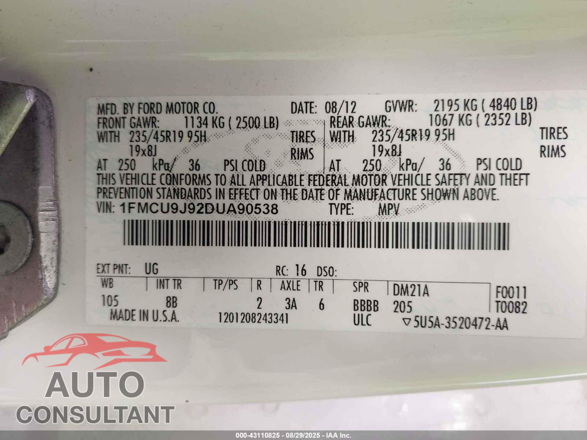 FORD ESCAPE 2013 - 1FMCU9J92DUA90538