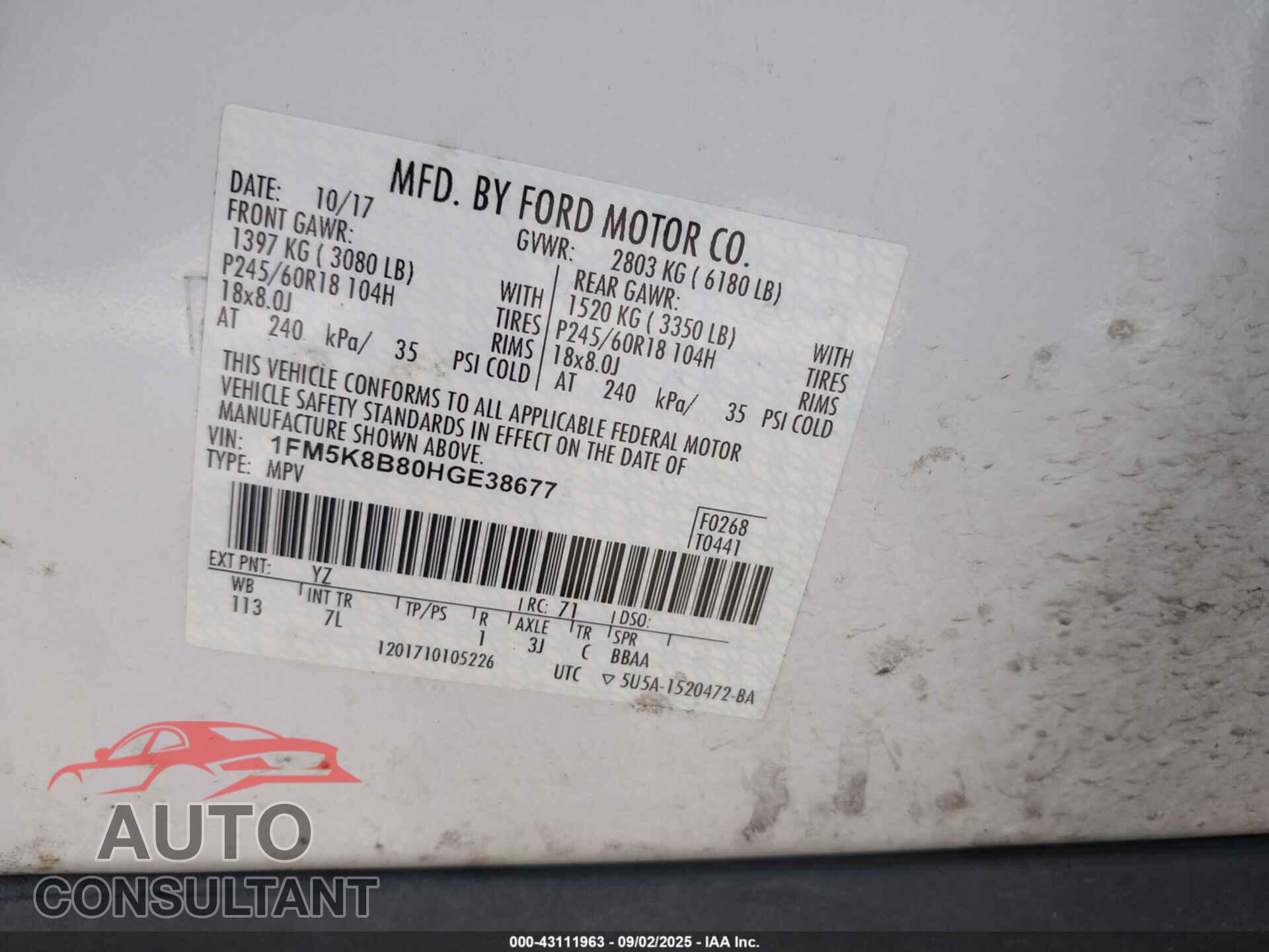 FORD EXPLORER 2017 - 1FM5K8B80HGE38677