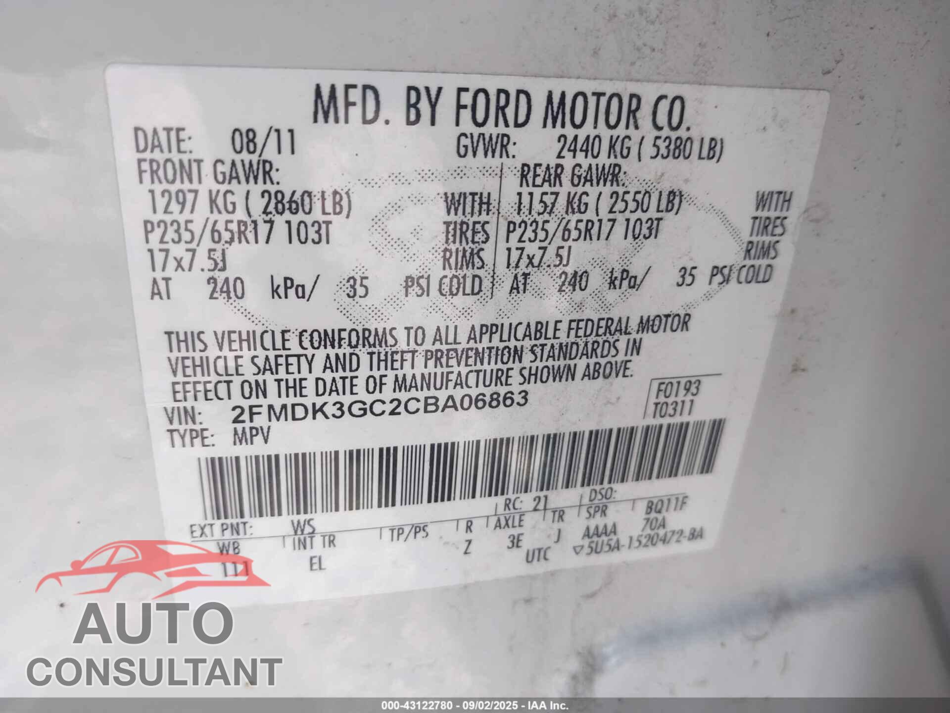 FORD EDGE 2012 - 2FMDK3GC2CBA06863