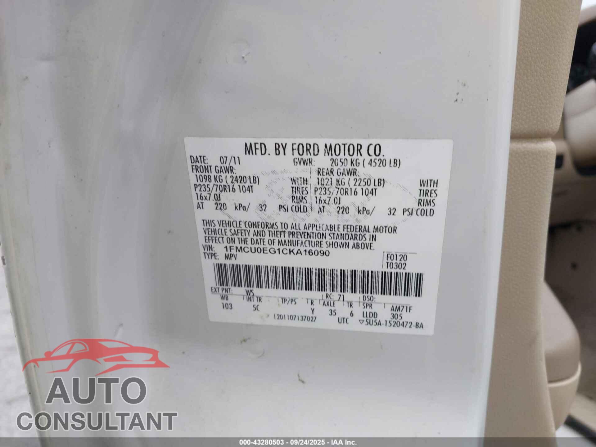 FORD ESCAPE 2012 - 1FMCU0EG1CKA16090