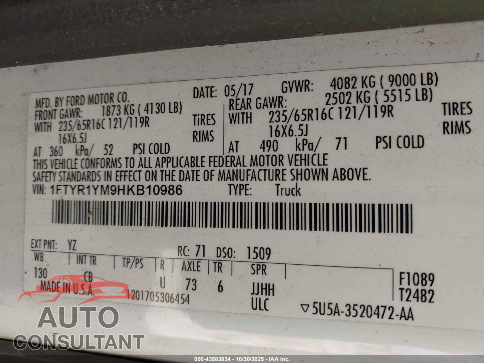 FORD TRANSIT 2017 - 1FTYR1YM9HKB10986