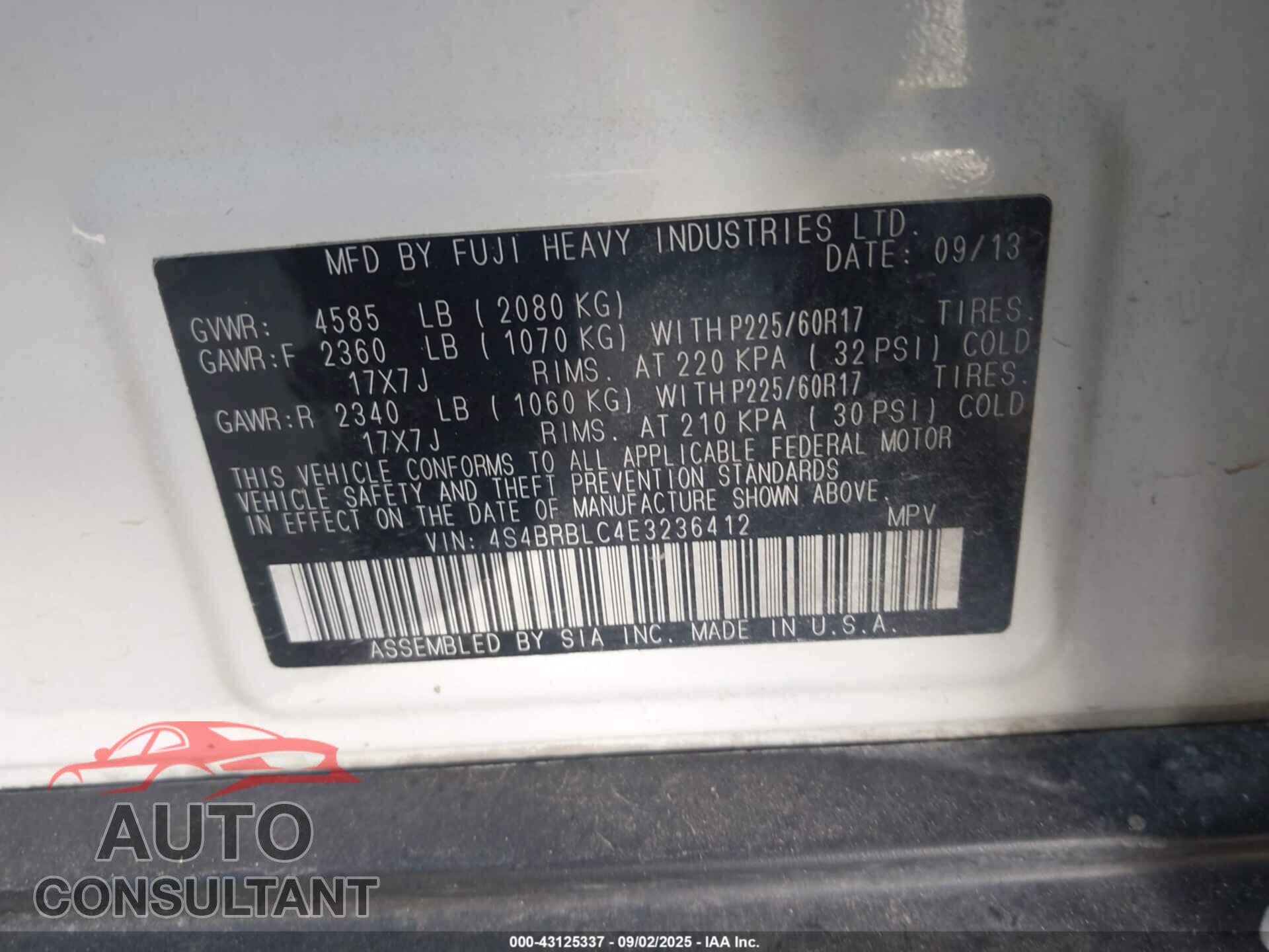 SUBARU OUTBACK 2014 - 4S4BRBLC4E3236412