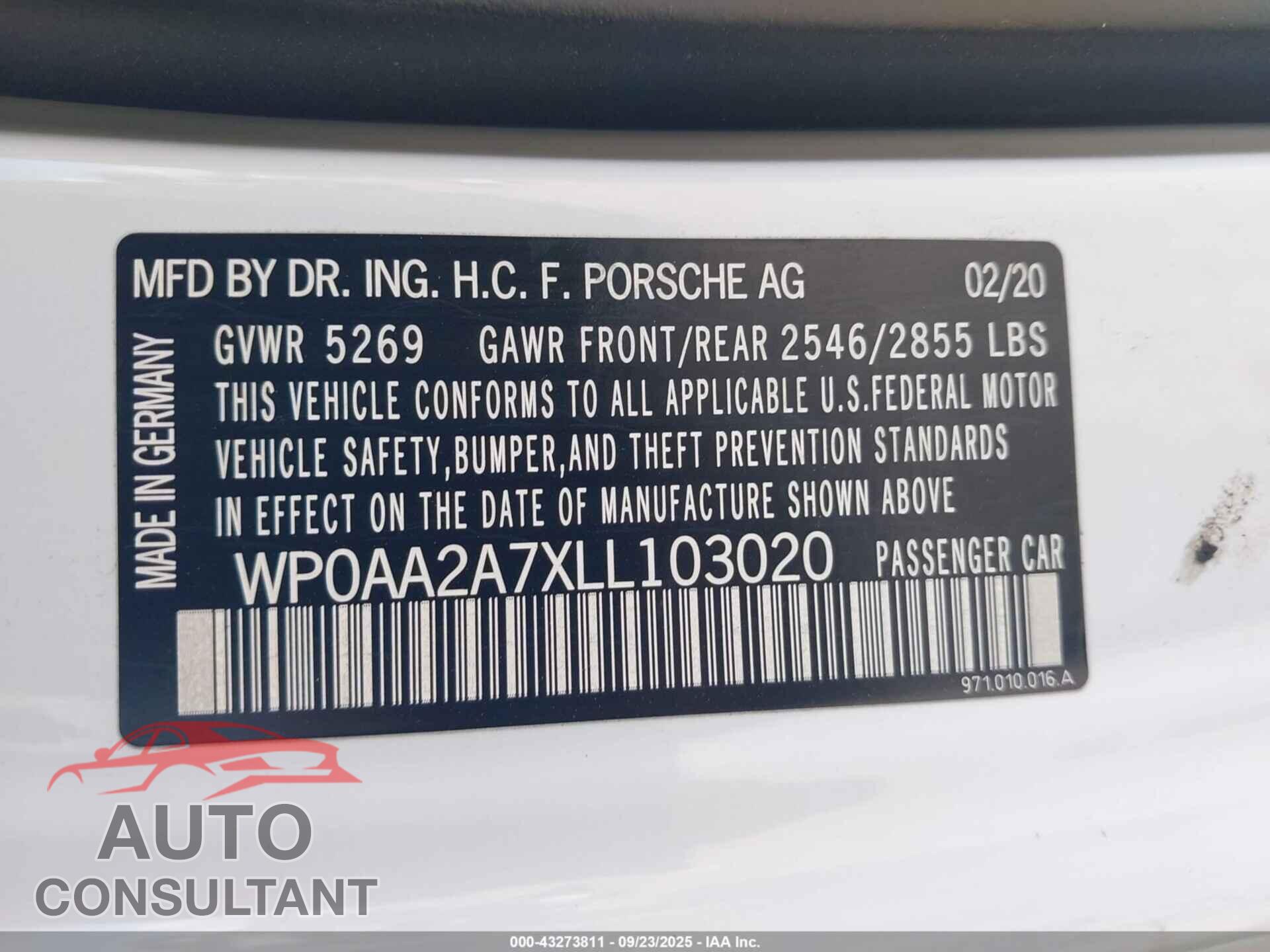 PORSCHE PANAMERA 2020 - WP0AA2A7XLL103020