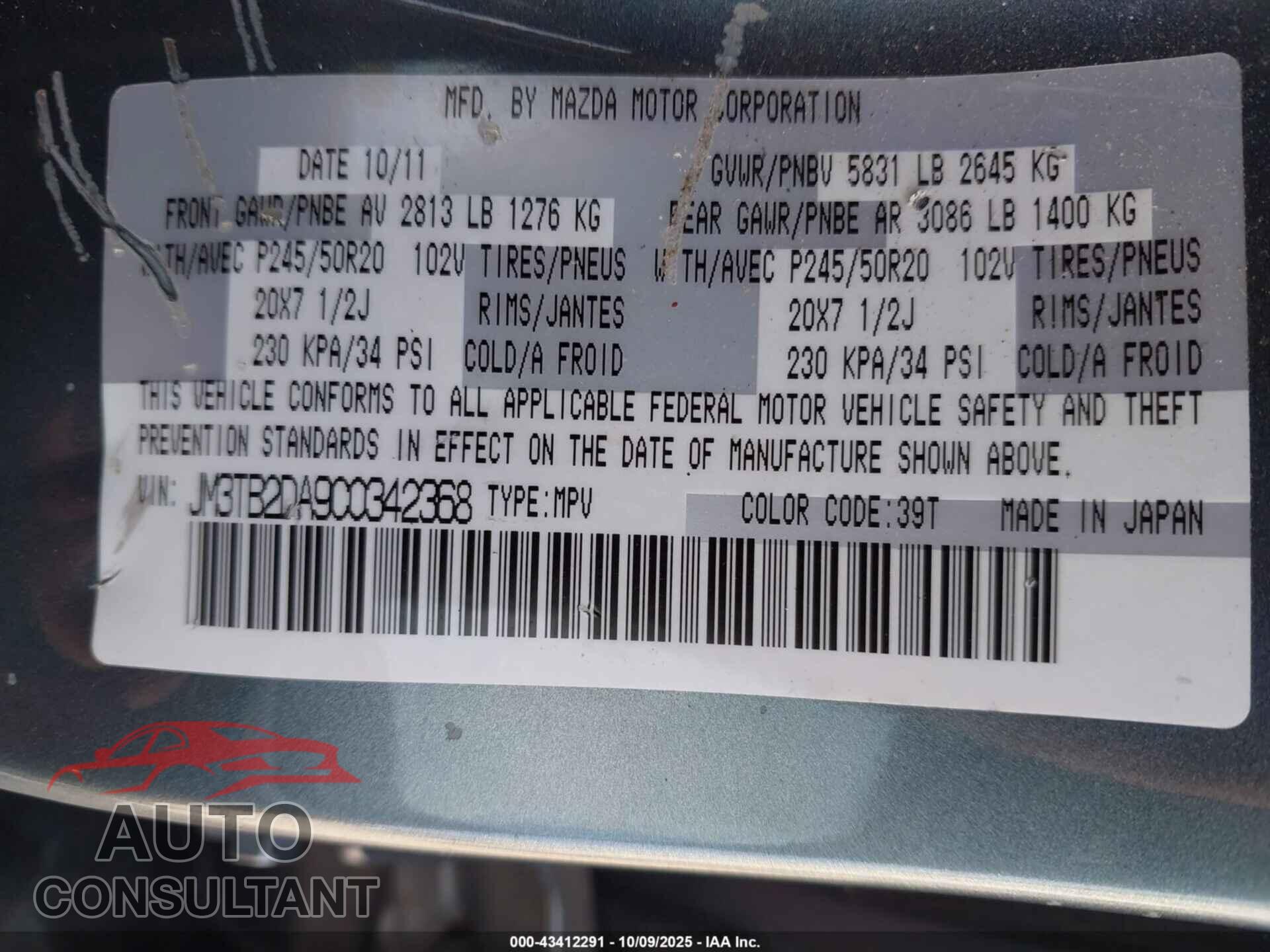 MAZDA CX-9 2012 - JM3TB2DA9C0342368
