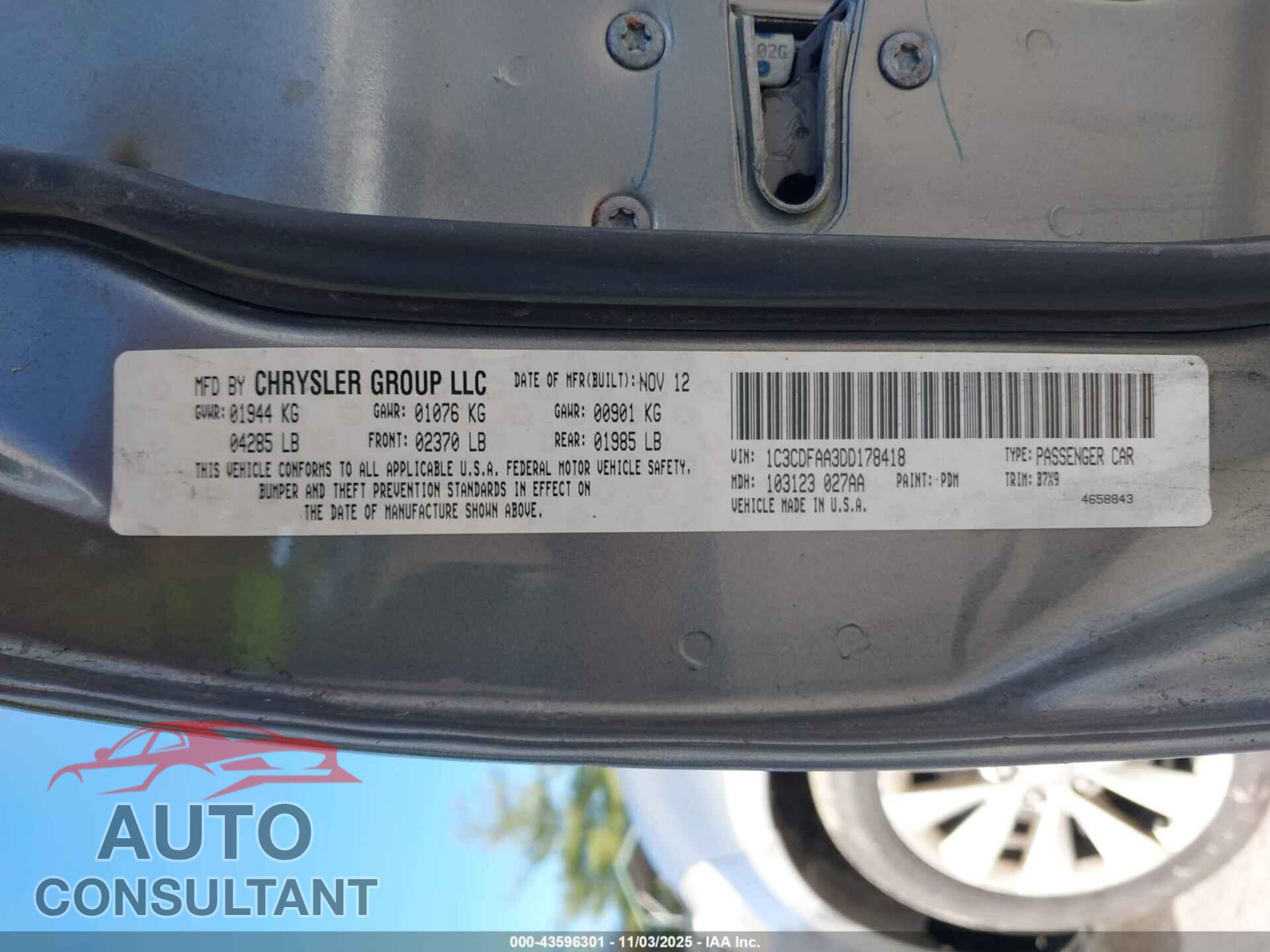 DODGE DART 2013 - 1C3CDFAA3DD178418