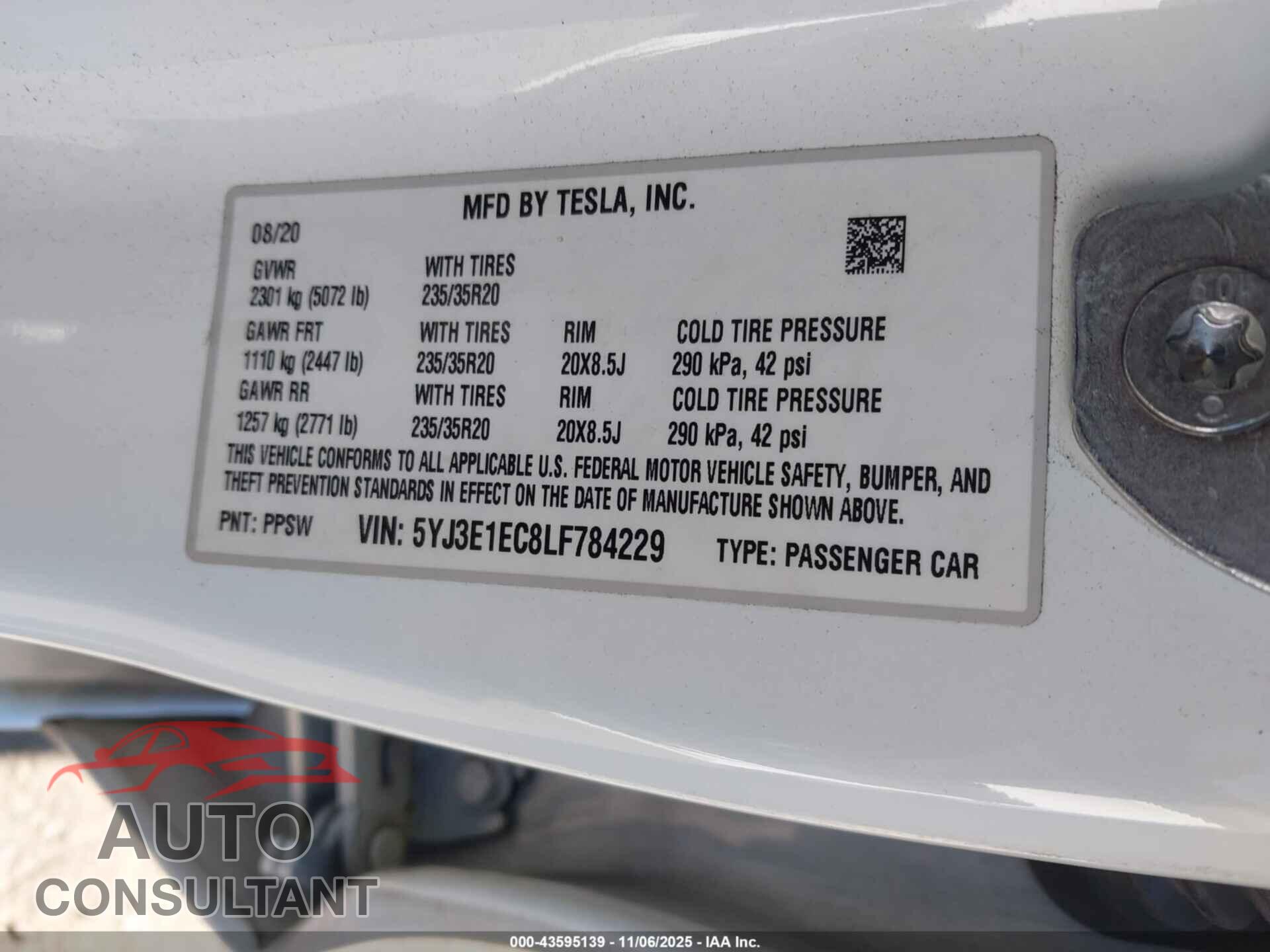 TESLA MODEL 3 2020 - 5YJ3E1EC8LF784229