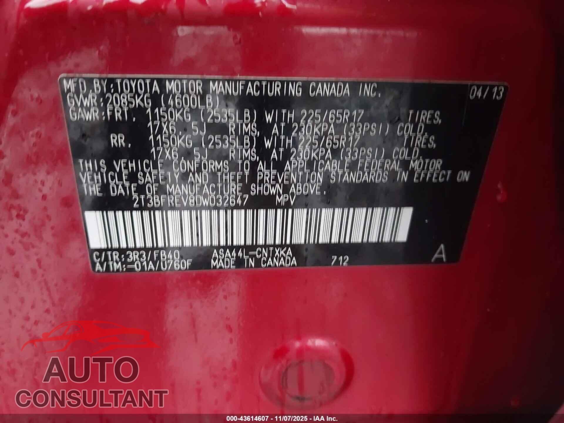 TOYOTA RAV4 2013 - 2T3BFREV8DW032647