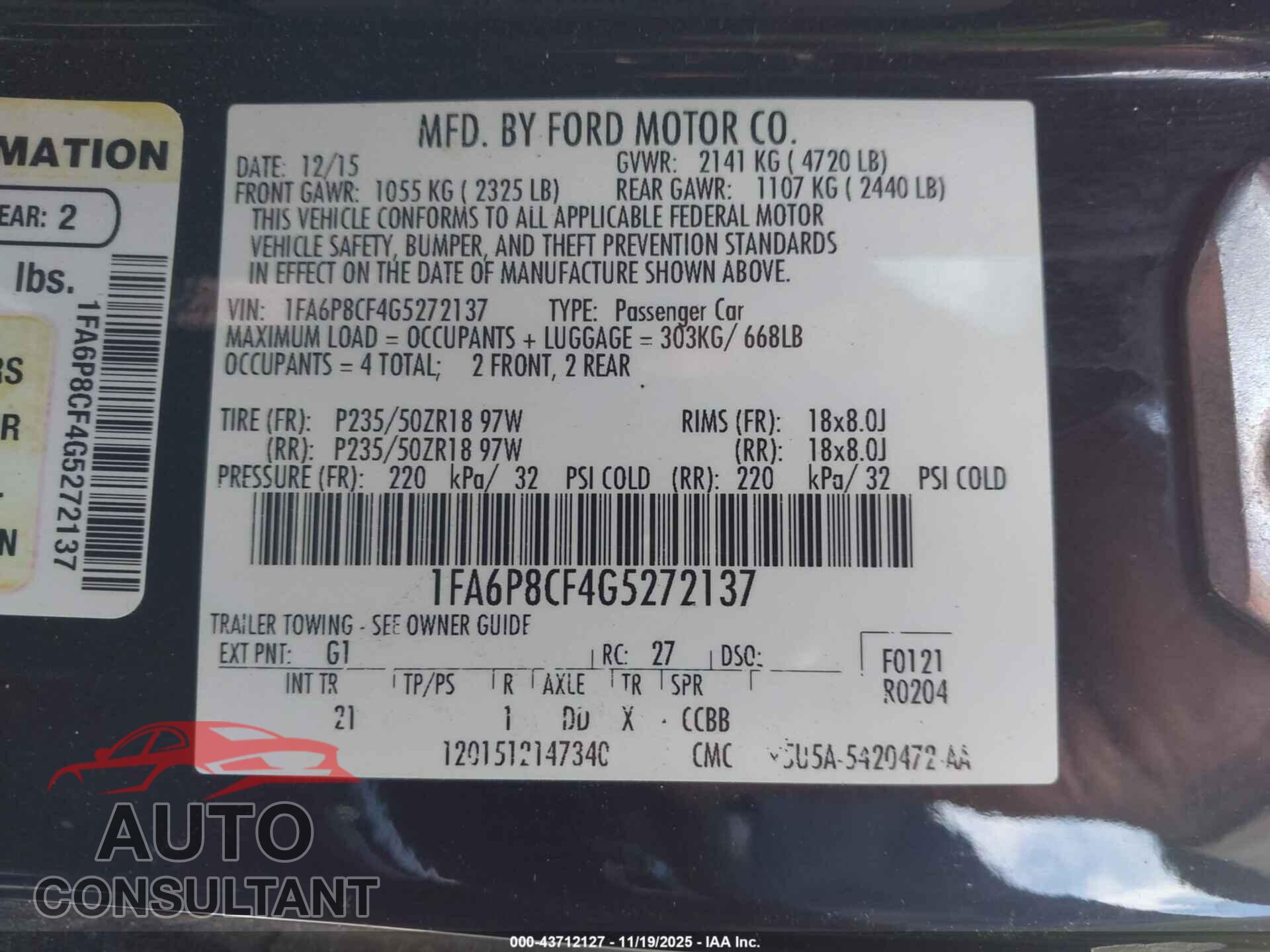 FORD MUSTANG 2016 - 1FA6P8CF4G5272137