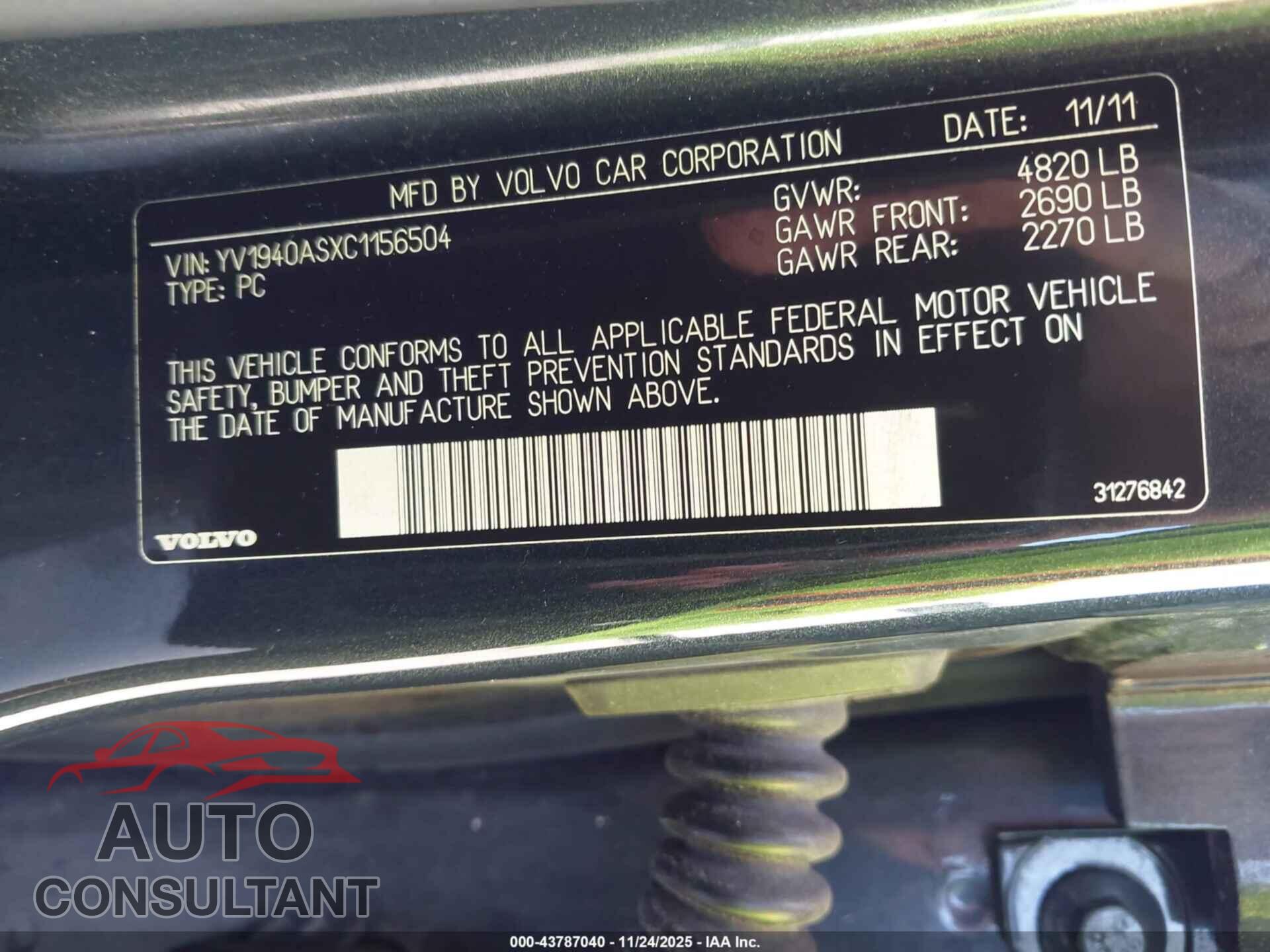 VOLVO S80 2012 - YV1940ASXC1156504