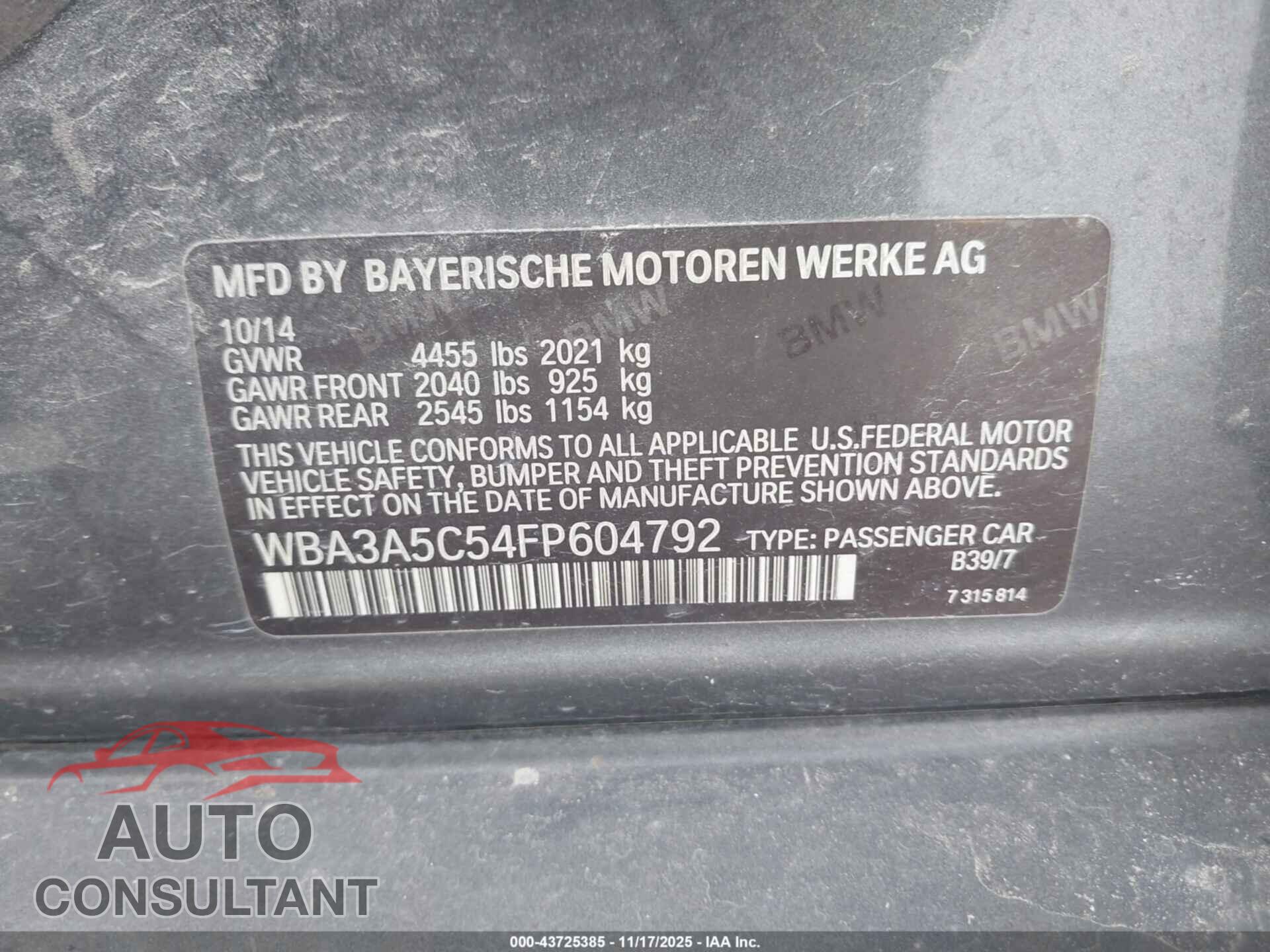 BMW 328I 2015 - WBA3A5C54FP604792