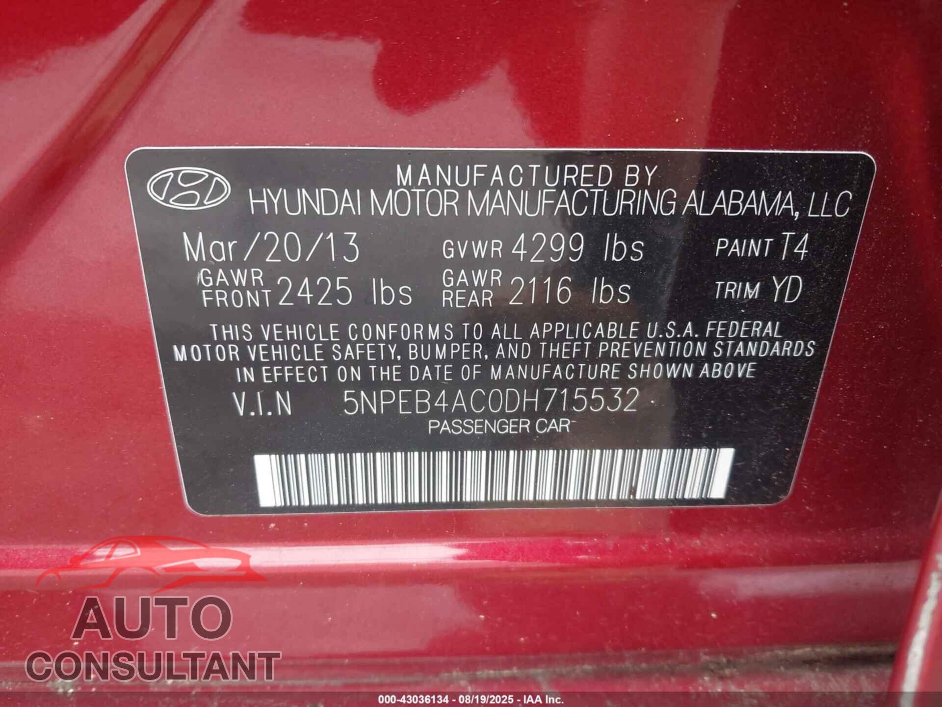 HYUNDAI SONATA 2013 - 5NPEB4AC0DH715532