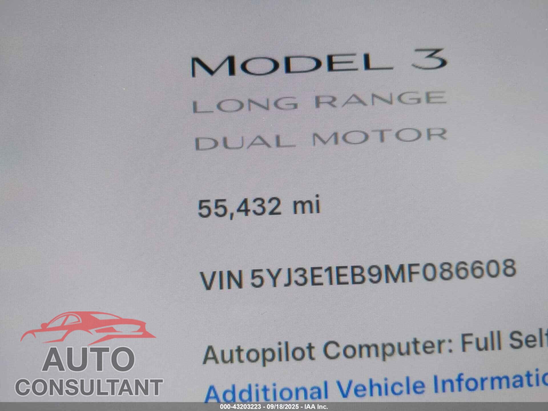 TESLA MODEL 3 2021 - 5YJ3E1EB9MF086608