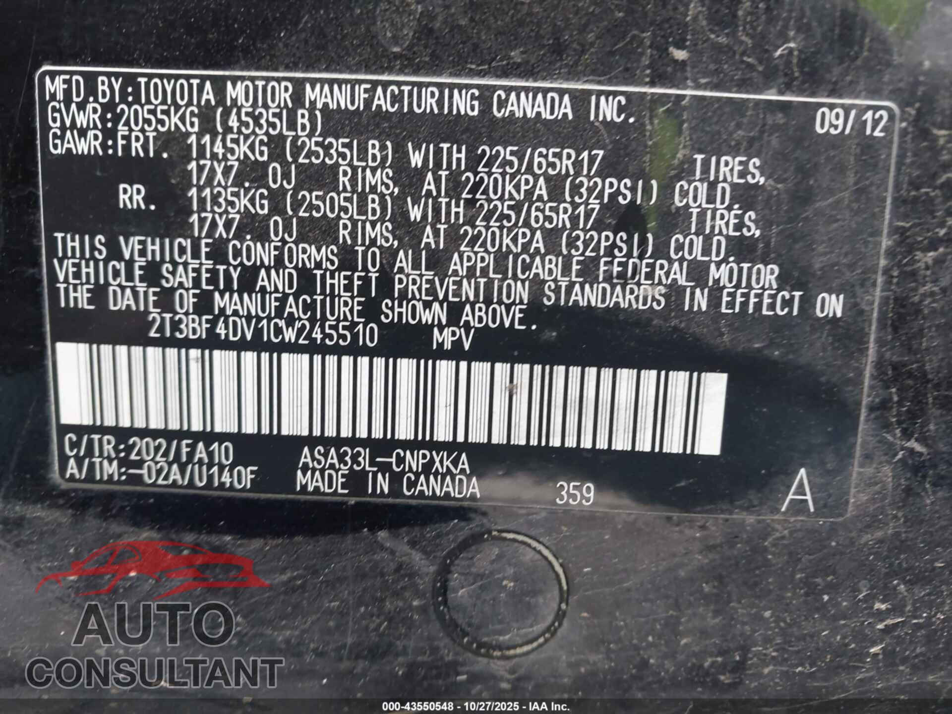 TOYOTA RAV4 2012 - 2T3BF4DV1CW245510