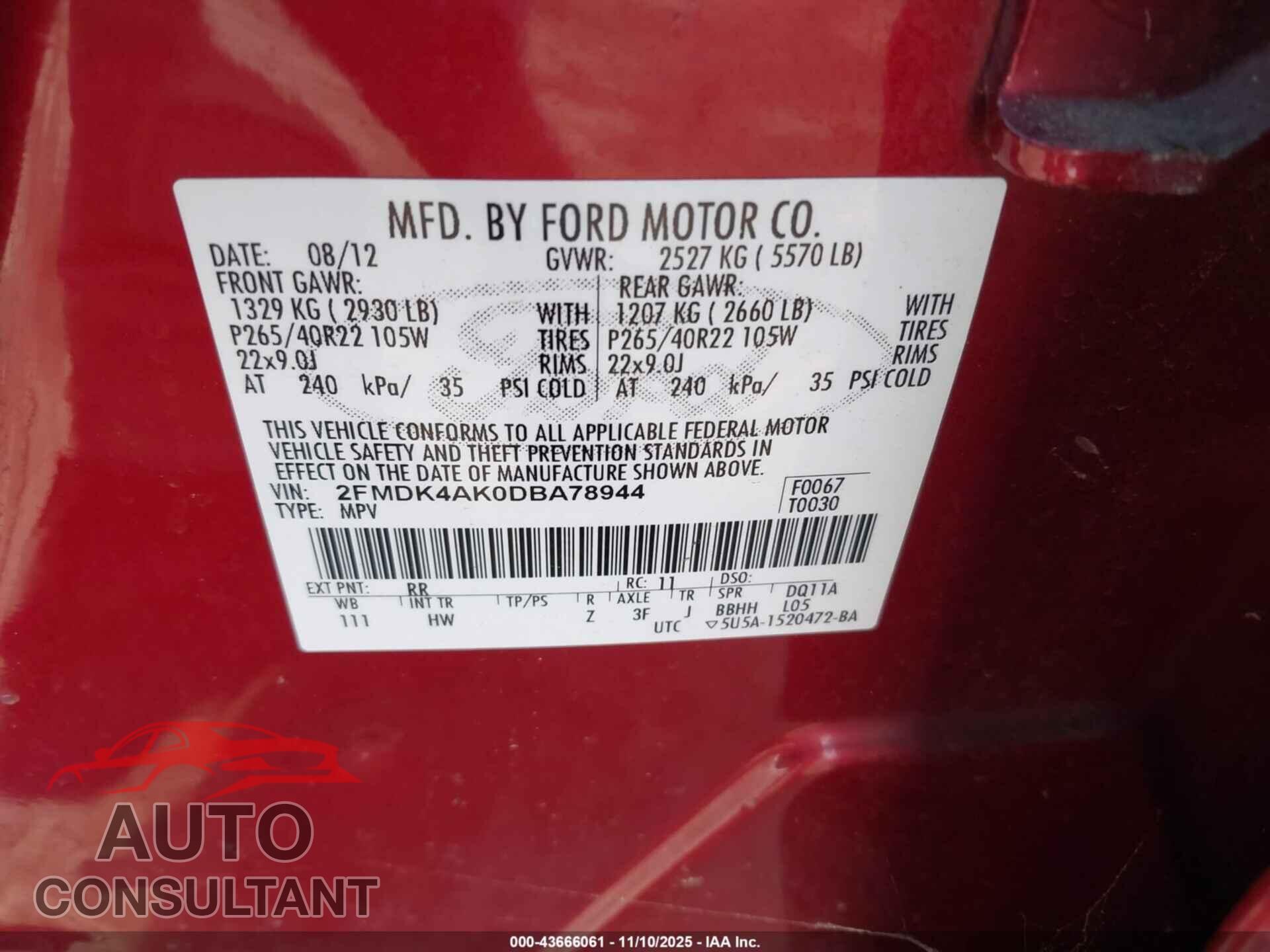 FORD EDGE 2013 - 2FMDK4AK0DBA78944