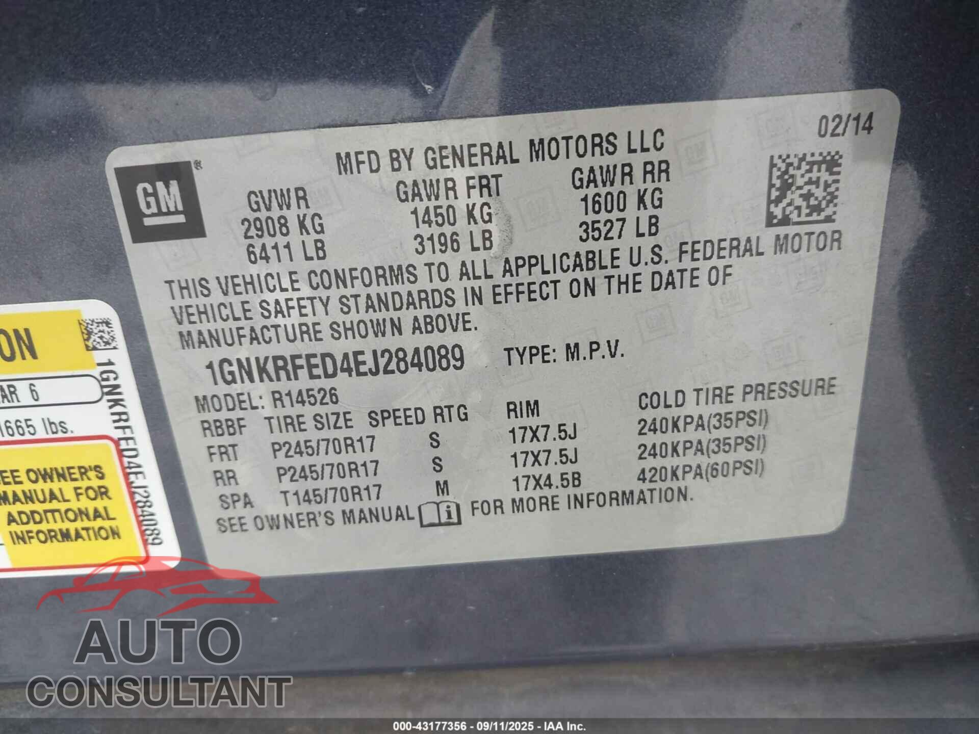 CHEVROLET TRAVERSE 2014 - 1GNKRFED4EJ284089
