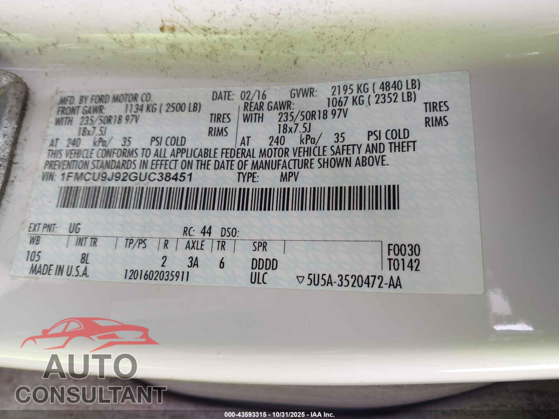 FORD ESCAPE 2016 - 1FMCU9J92GUC38451